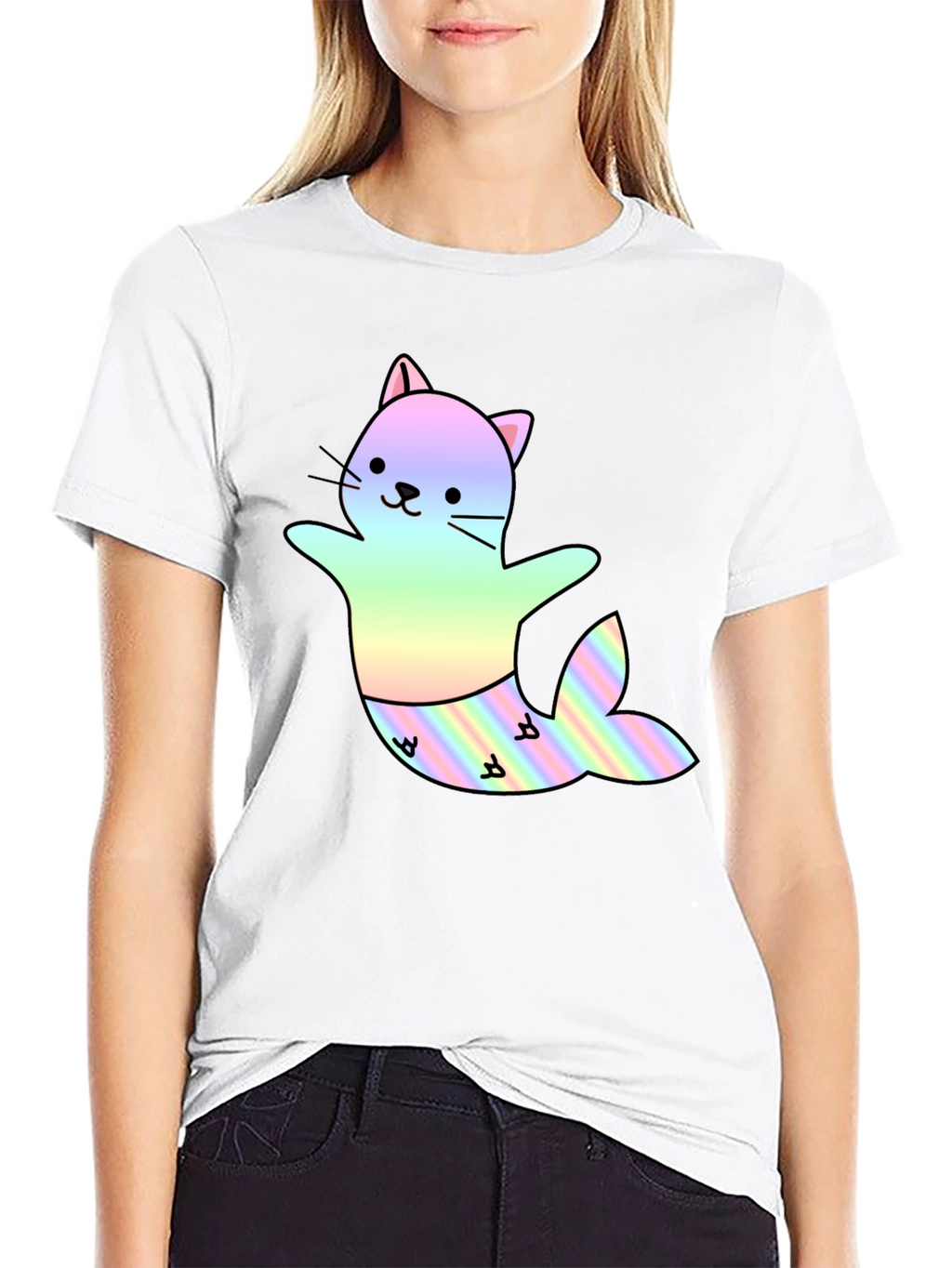 Cute Cat Mermaid T-Shirt - Black