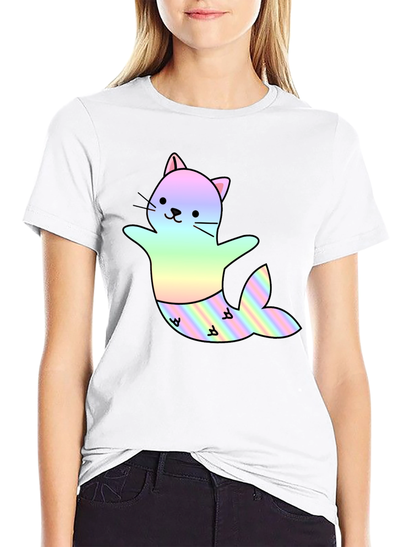 Cute Cat Mermaid T-Shirt - Black