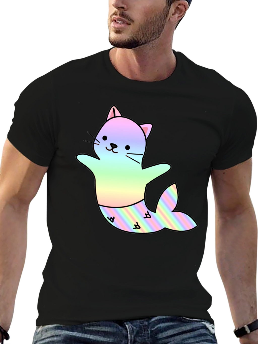 Cute Cat Mermaid T-Shirt - Black