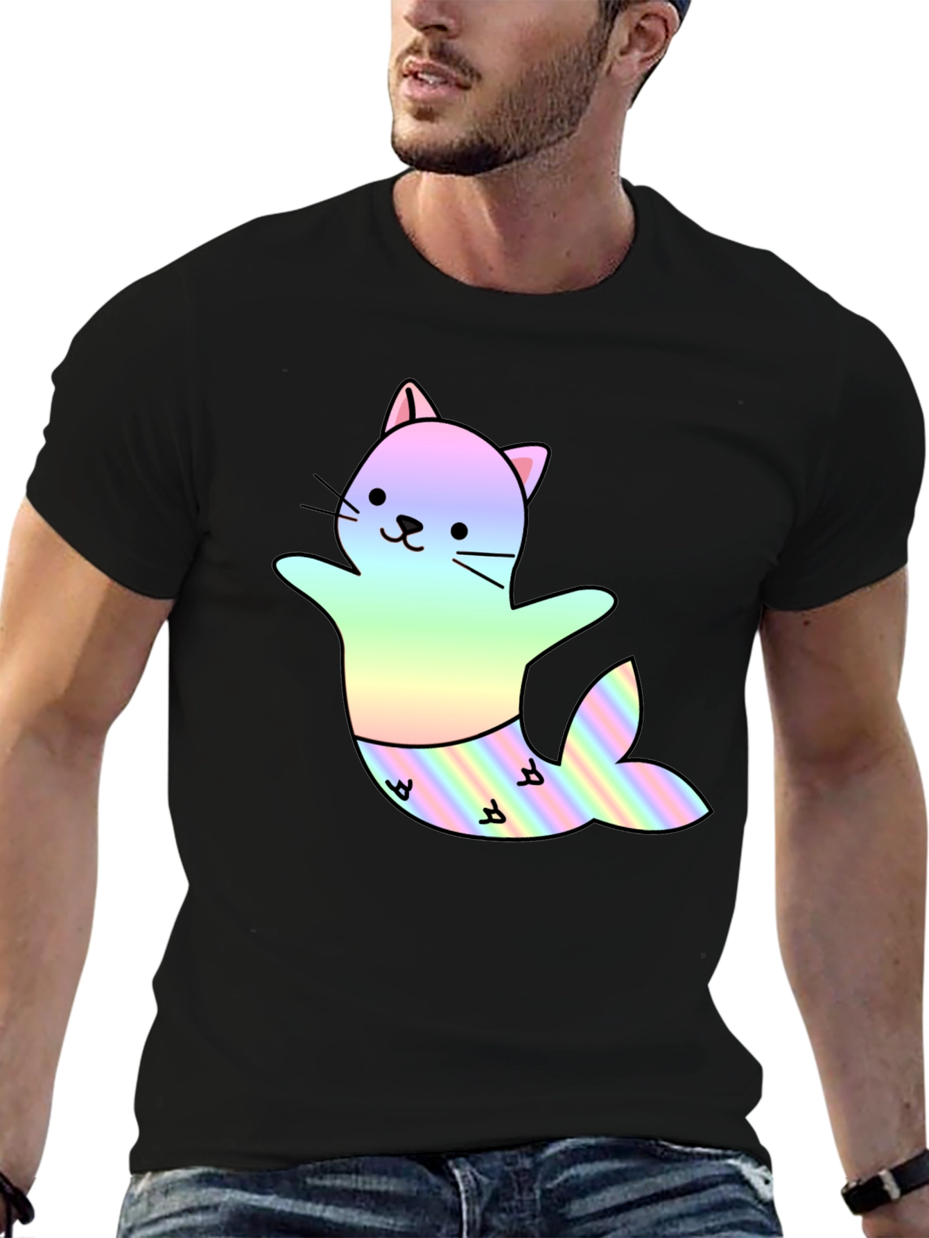Cute Cat Mermaid T-Shirt - Black