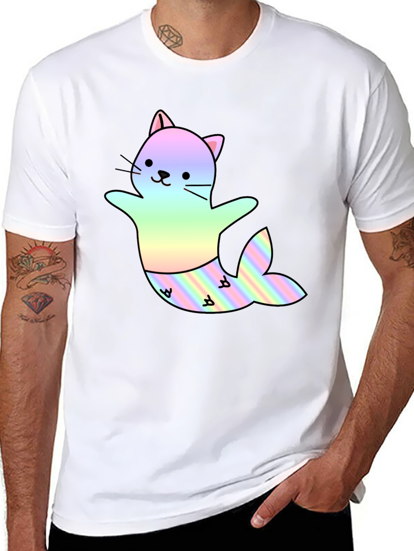 Cute Cat Mermaid T-Shirt - Black