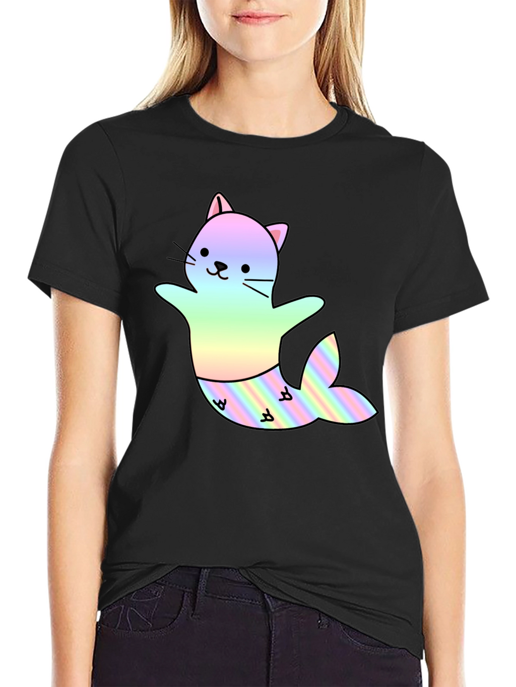 Cute Cat Mermaid T-Shirt - Black