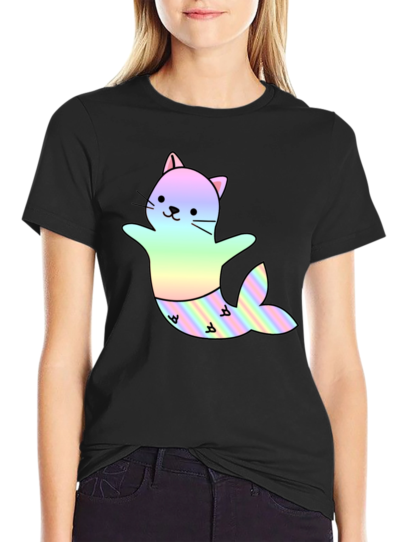 Cute Cat Mermaid T-Shirt - Black