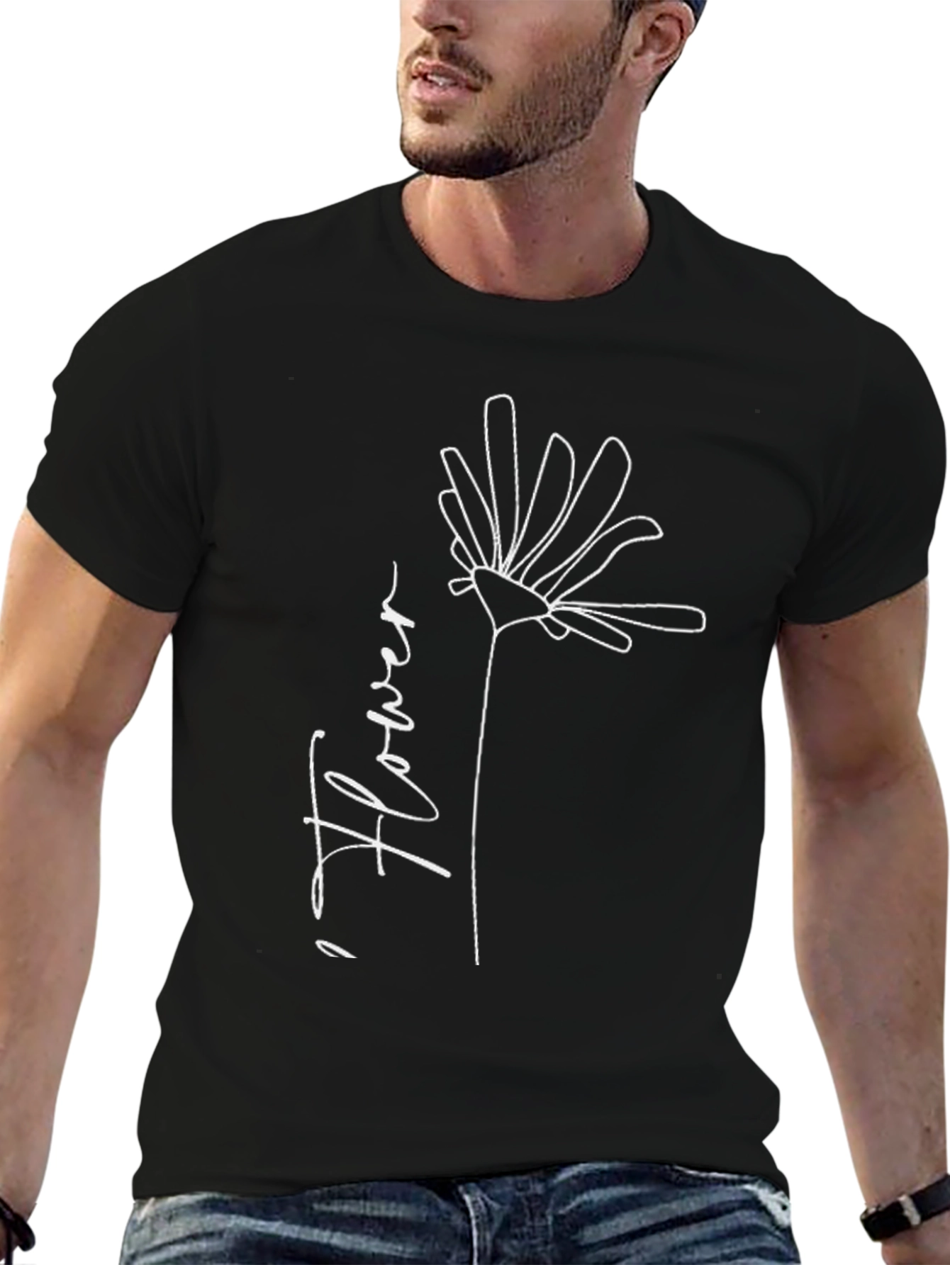 Minimalist Flower Line Art Black T-Shirt