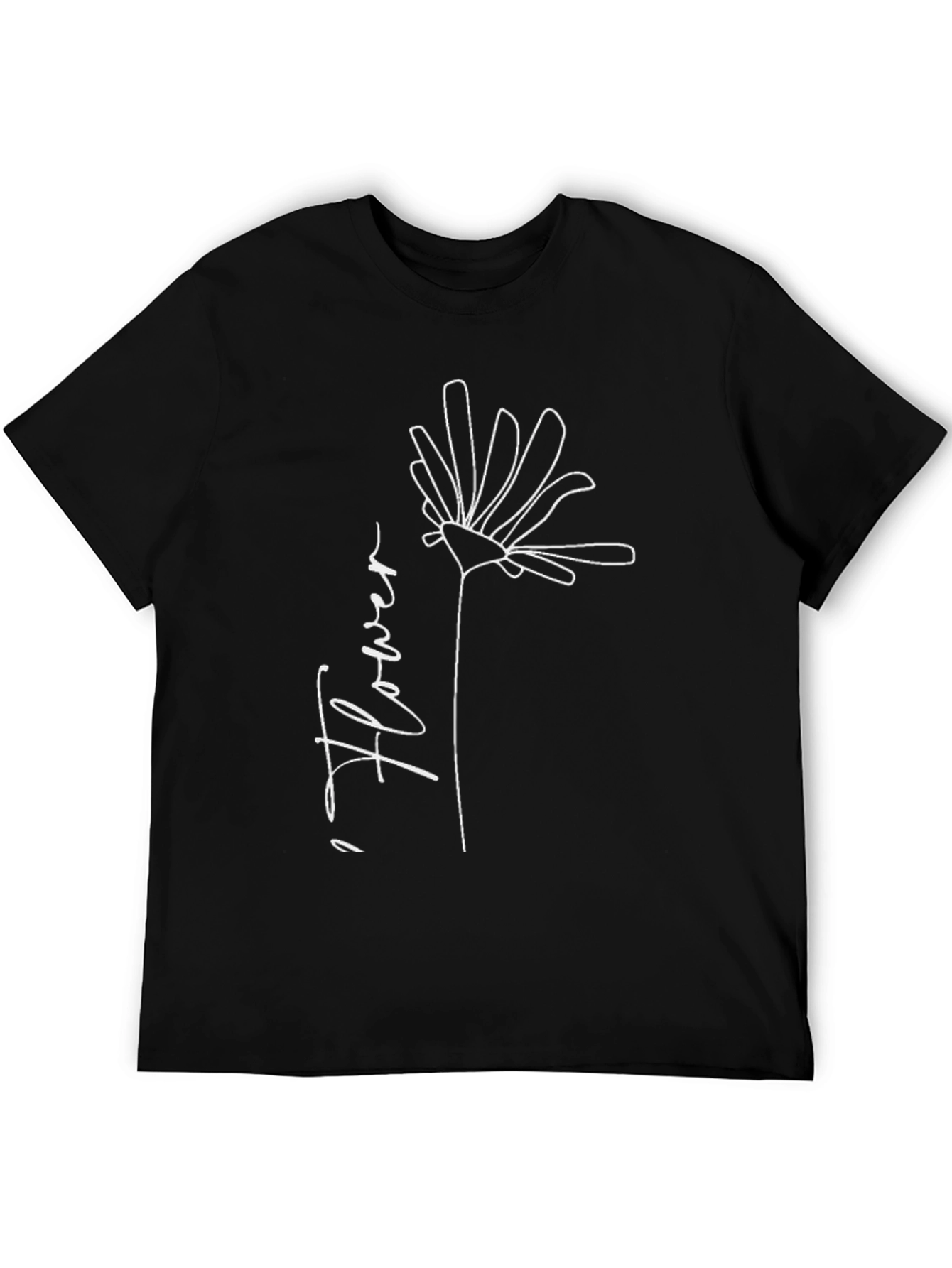 Minimalist Flower Line Art Black T-Shirt