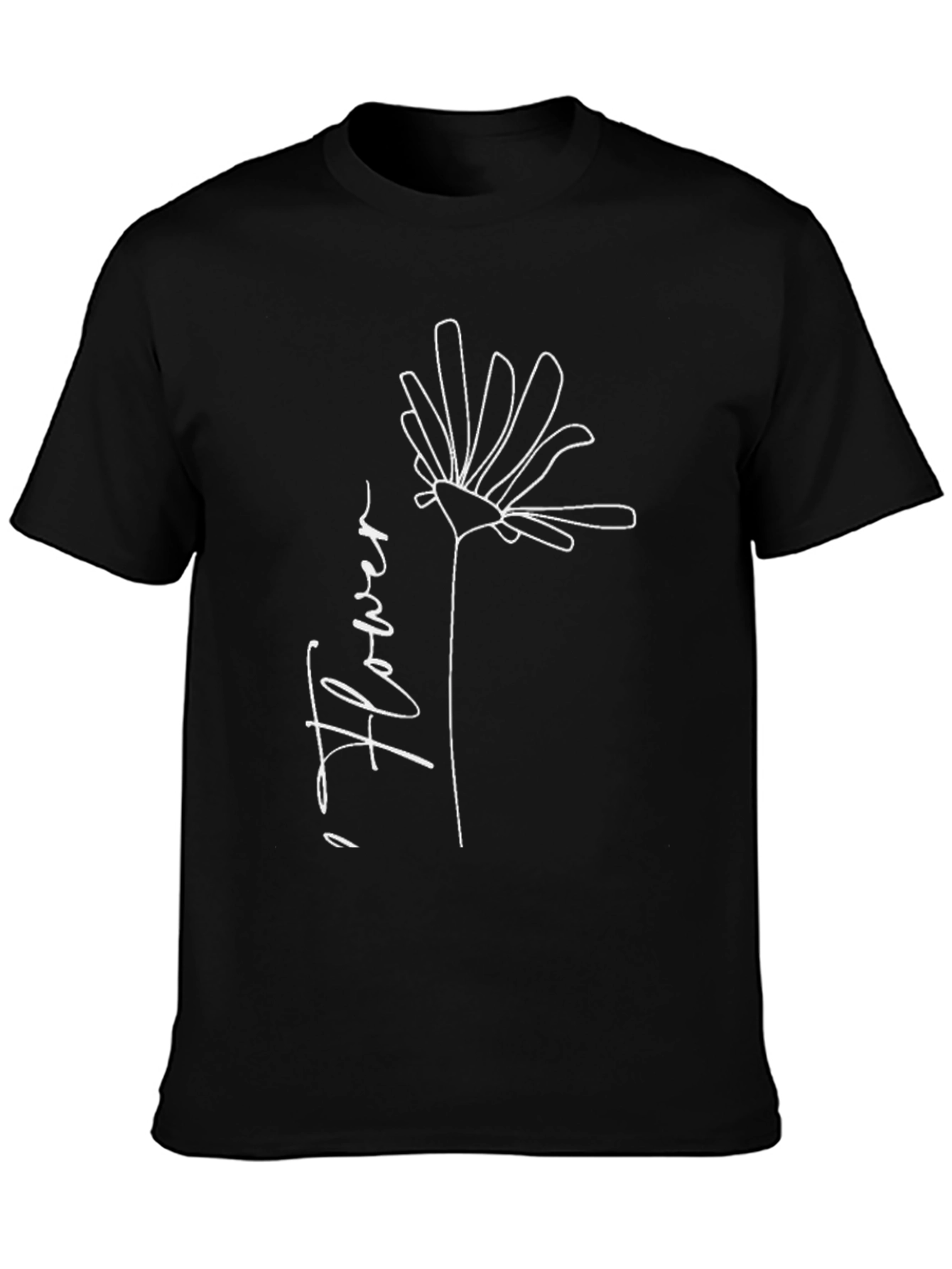Minimalist Flower Line Art Black T-Shirt