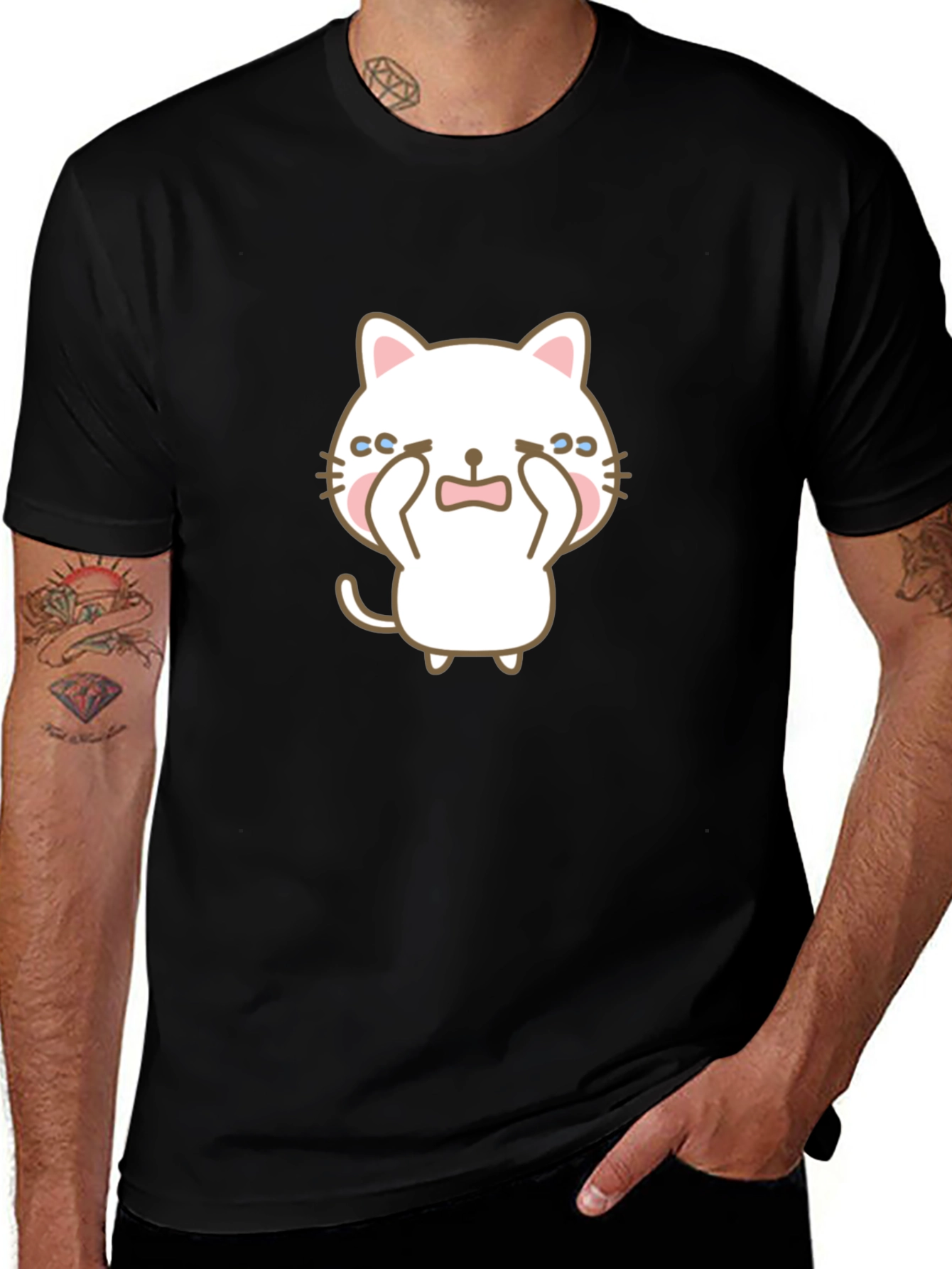 Cute Crying Cat Graphic Black T-Shirt