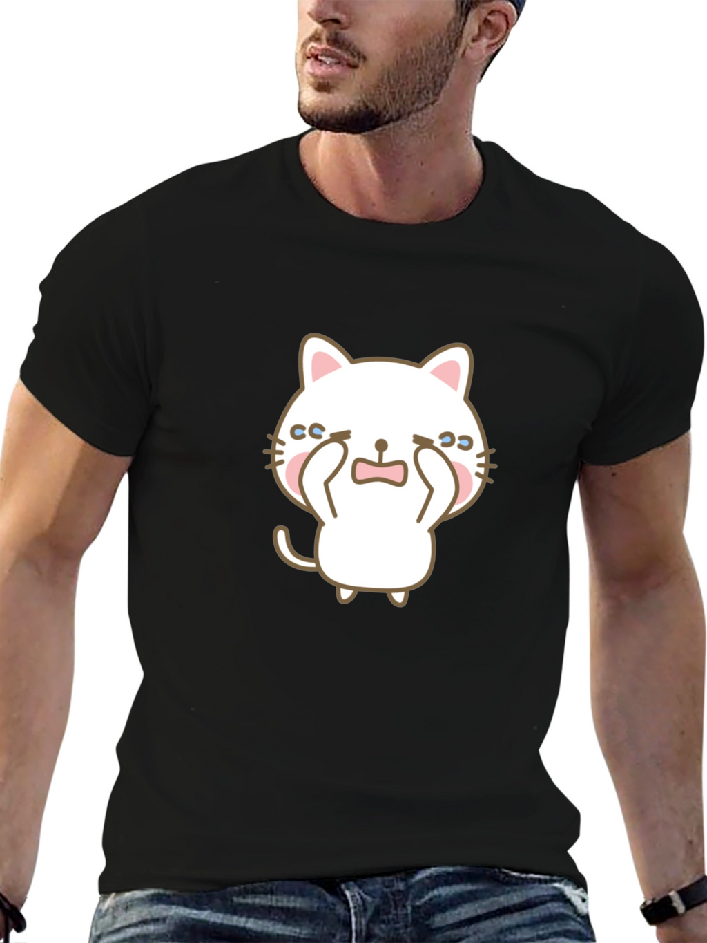 Cute Crying Cat Graphic Black T-Shirt