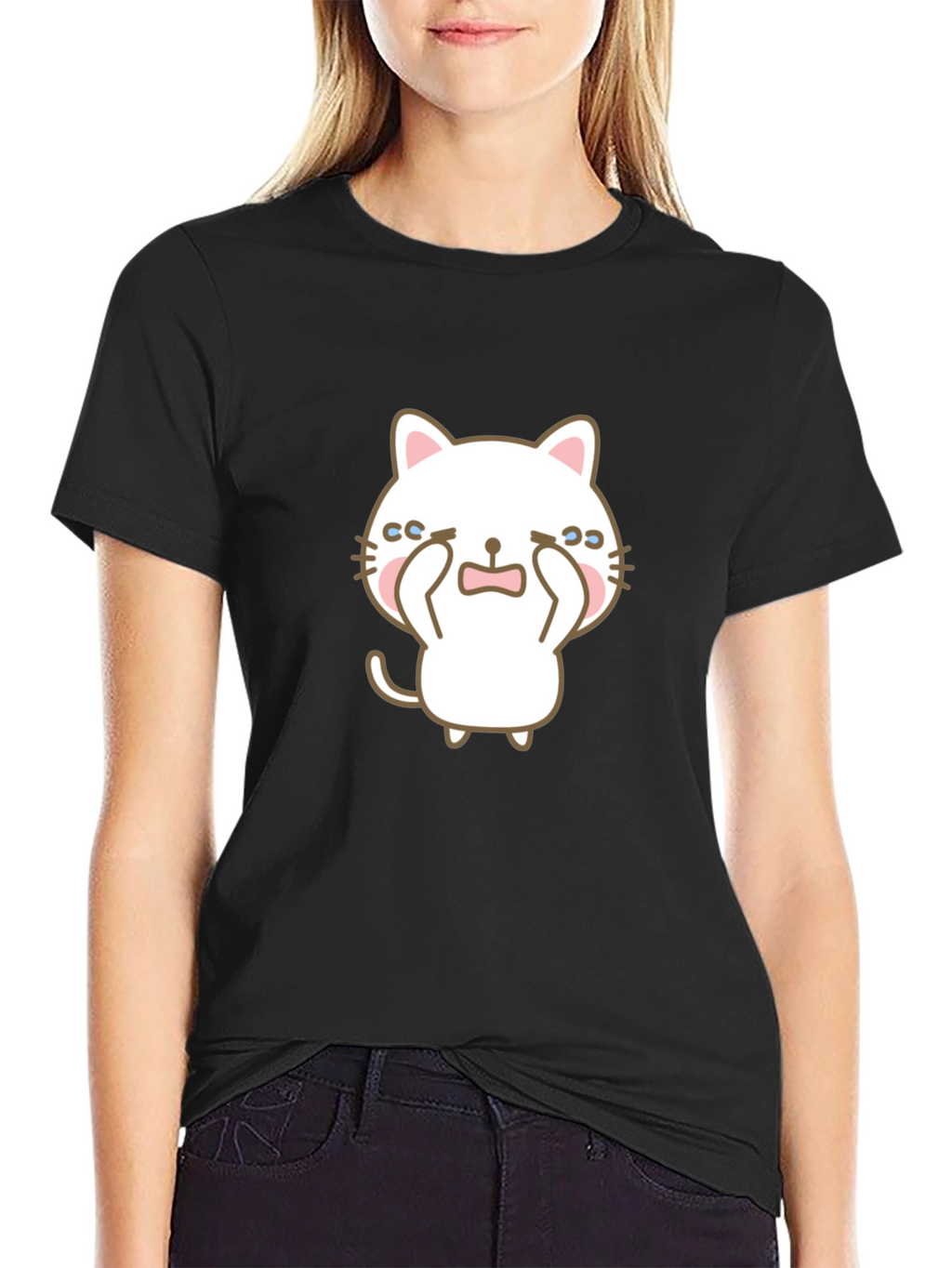 Cute Crying Cat Graphic Black T-Shirt