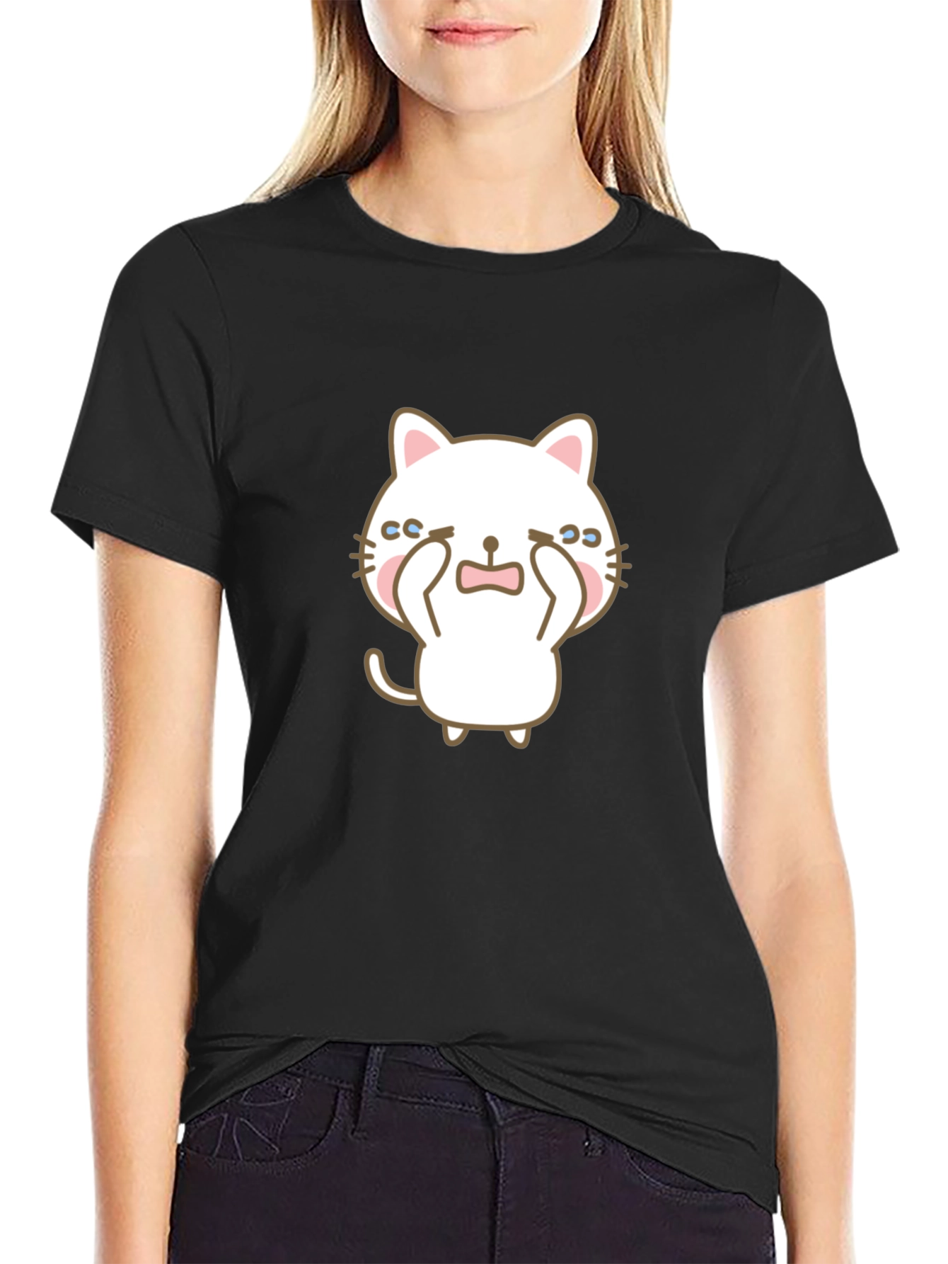 Cute Crying Cat Graphic Black T-Shirt
