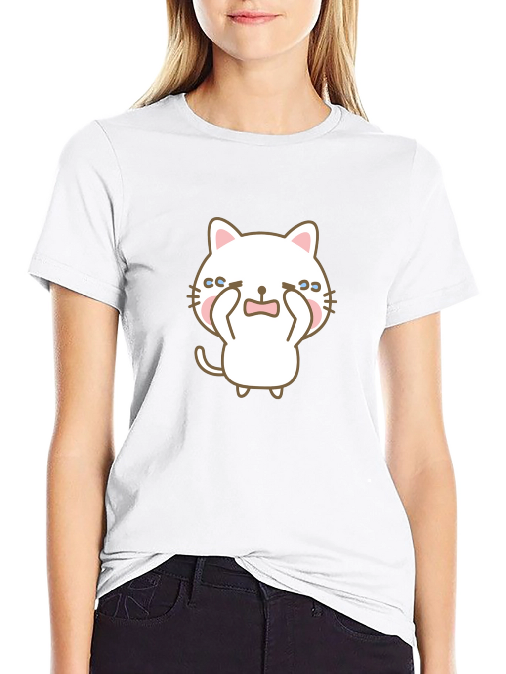 Cute Crying Cat Graphic Black T-Shirt