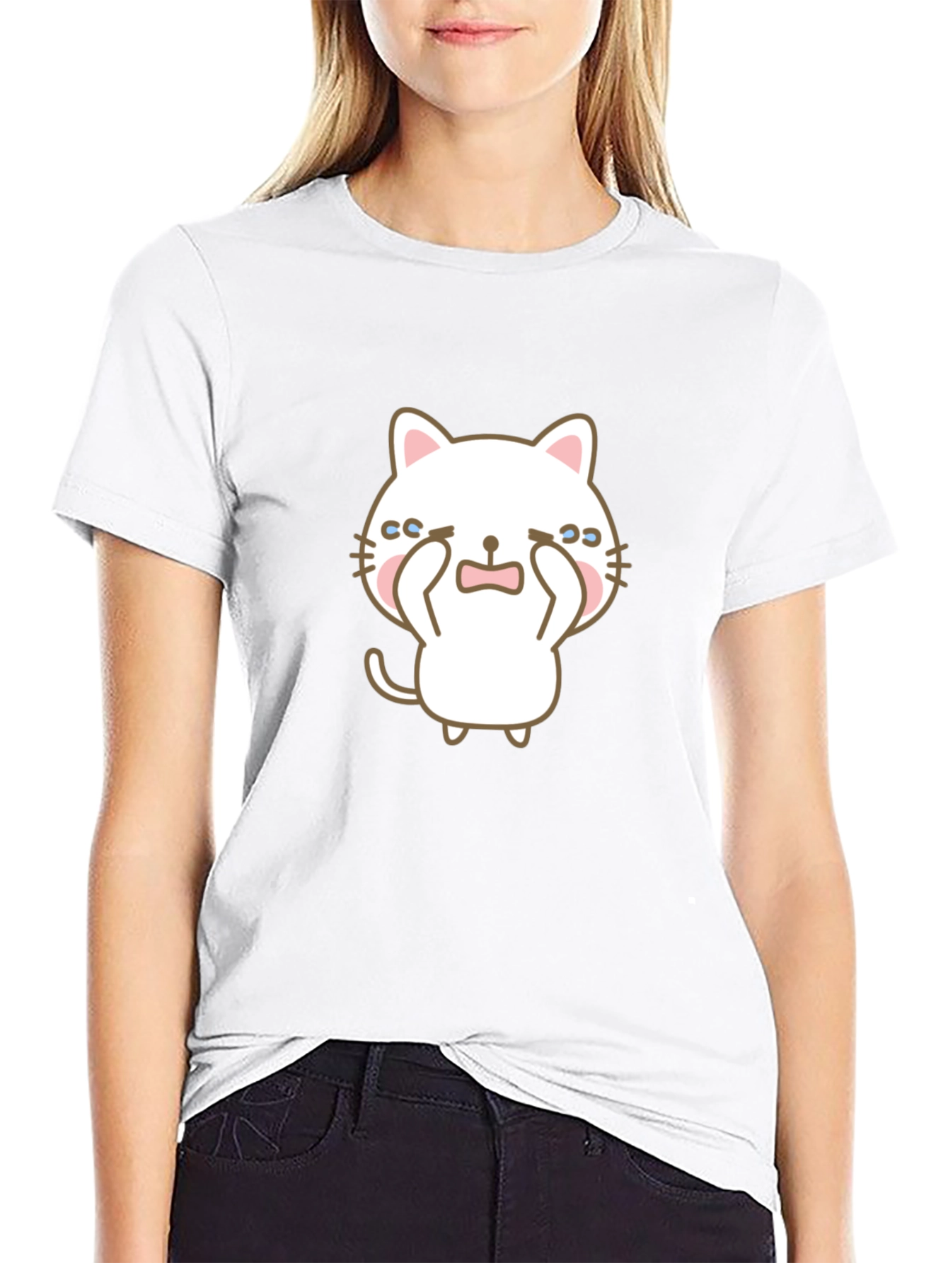 Cute Crying Cat Graphic Black T-Shirt