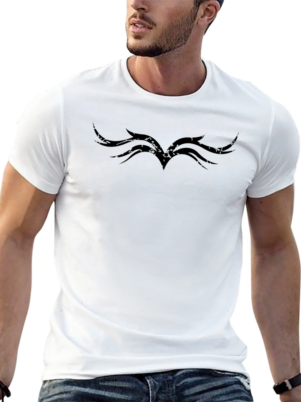 Stylish Black Tee with Tribal Wing Design