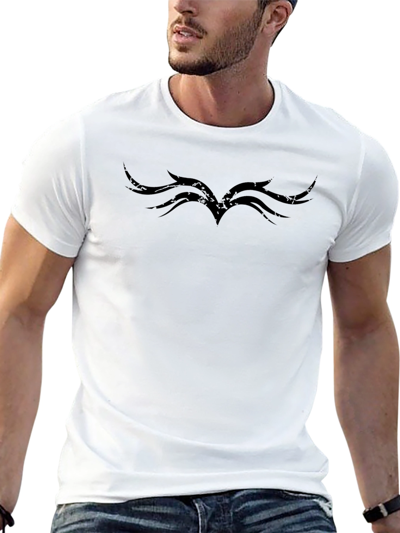 Stylish Black Tee with Tribal Wing Design