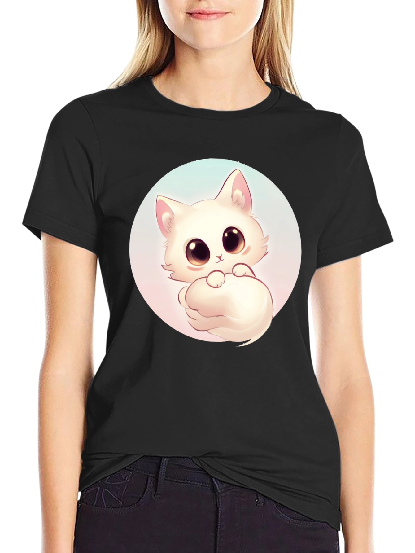 Cute Cat Graphic Tee - Black Cotton Comfort