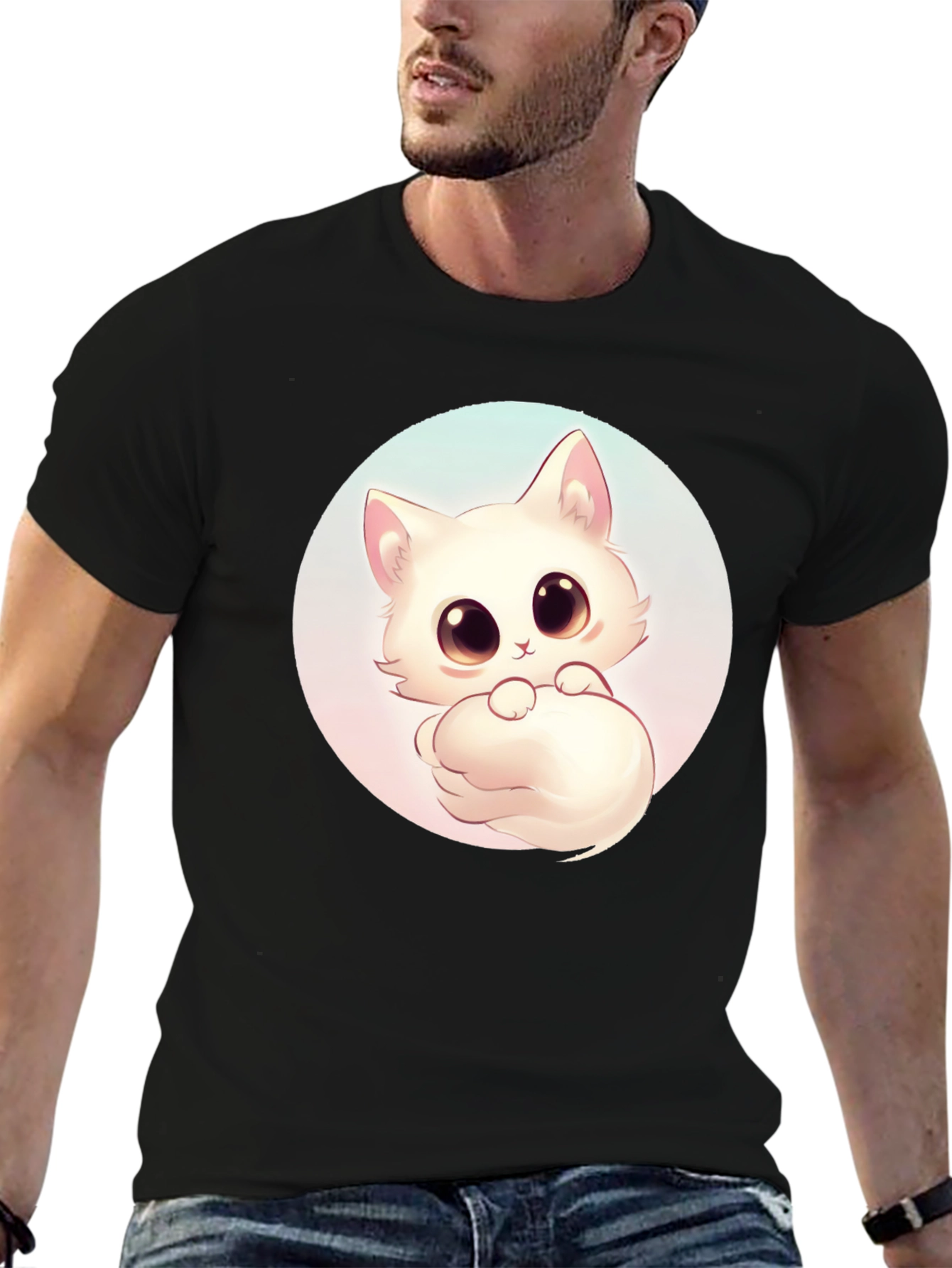 Cute Cat Graphic Tee - Black Cotton Comfort