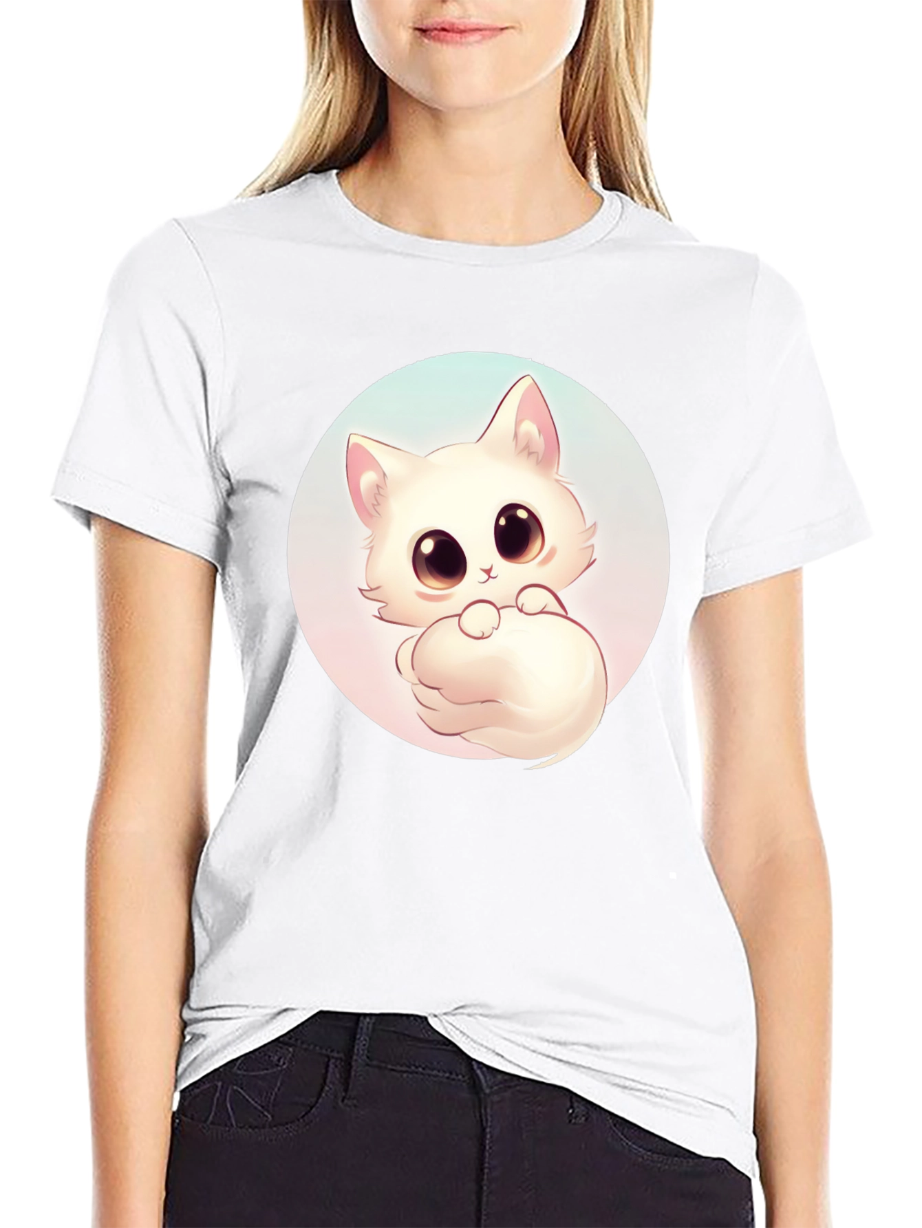 Cute Cat Graphic Tee - Black Cotton Comfort
