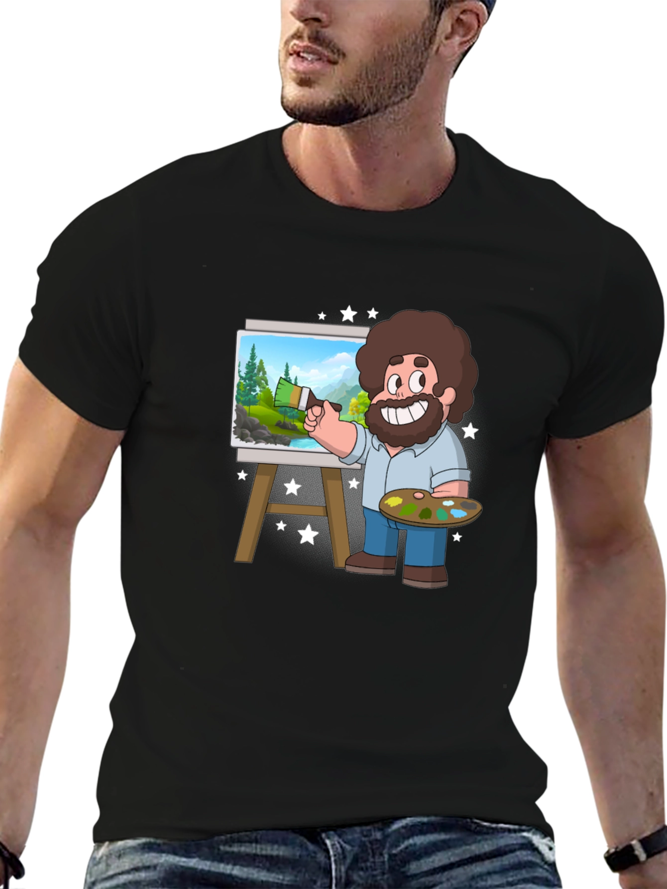 Bob Ross Cartoon Art Black T-Shirt