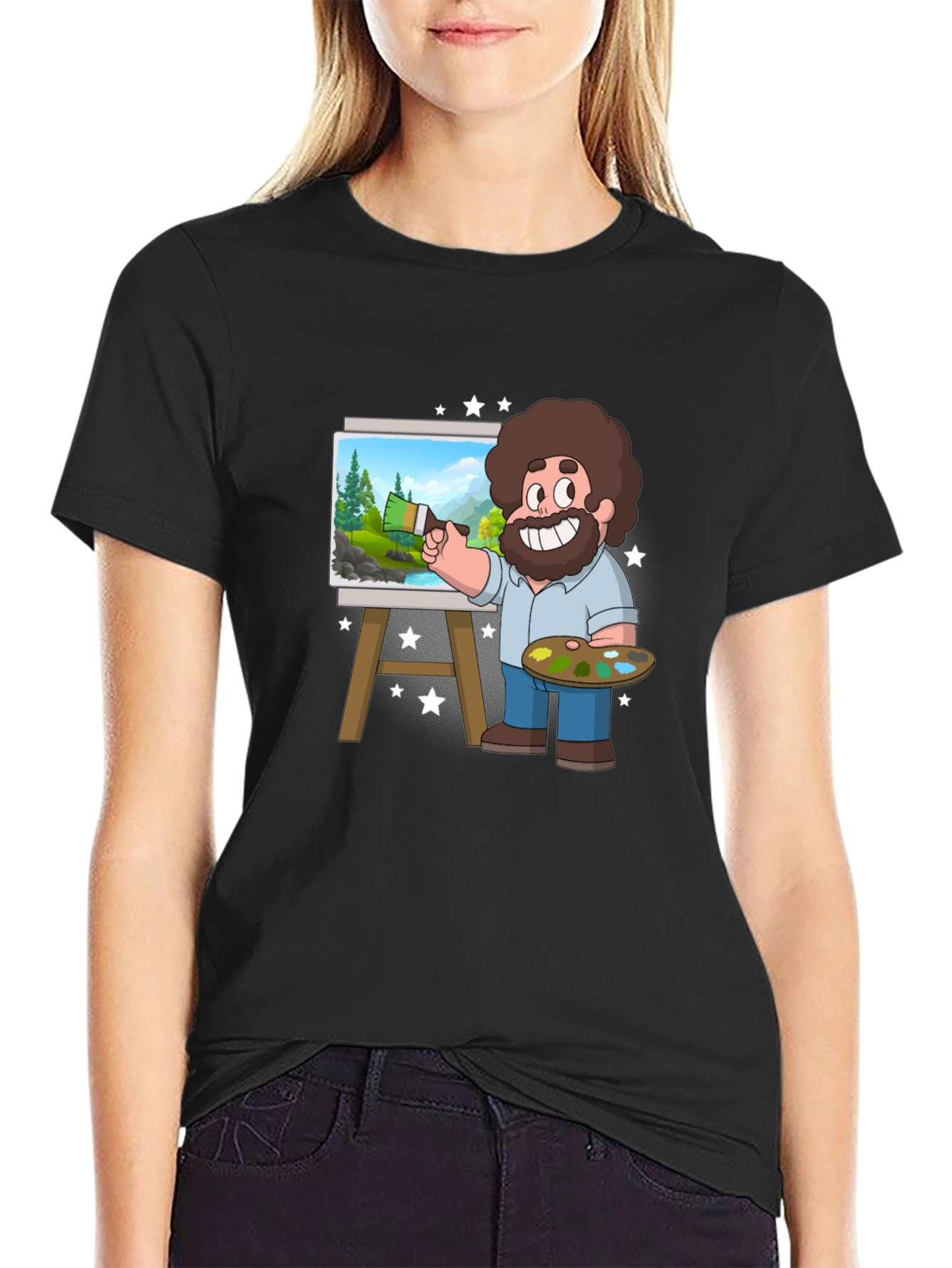 Bob Ross Cartoon Art Black T-Shirt