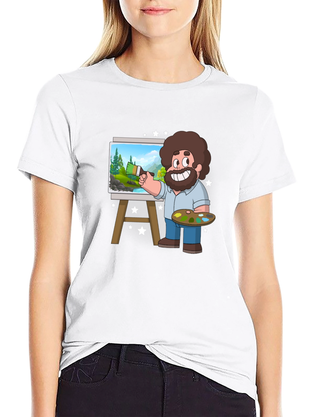 Bob Ross Cartoon Art Black T-Shirt