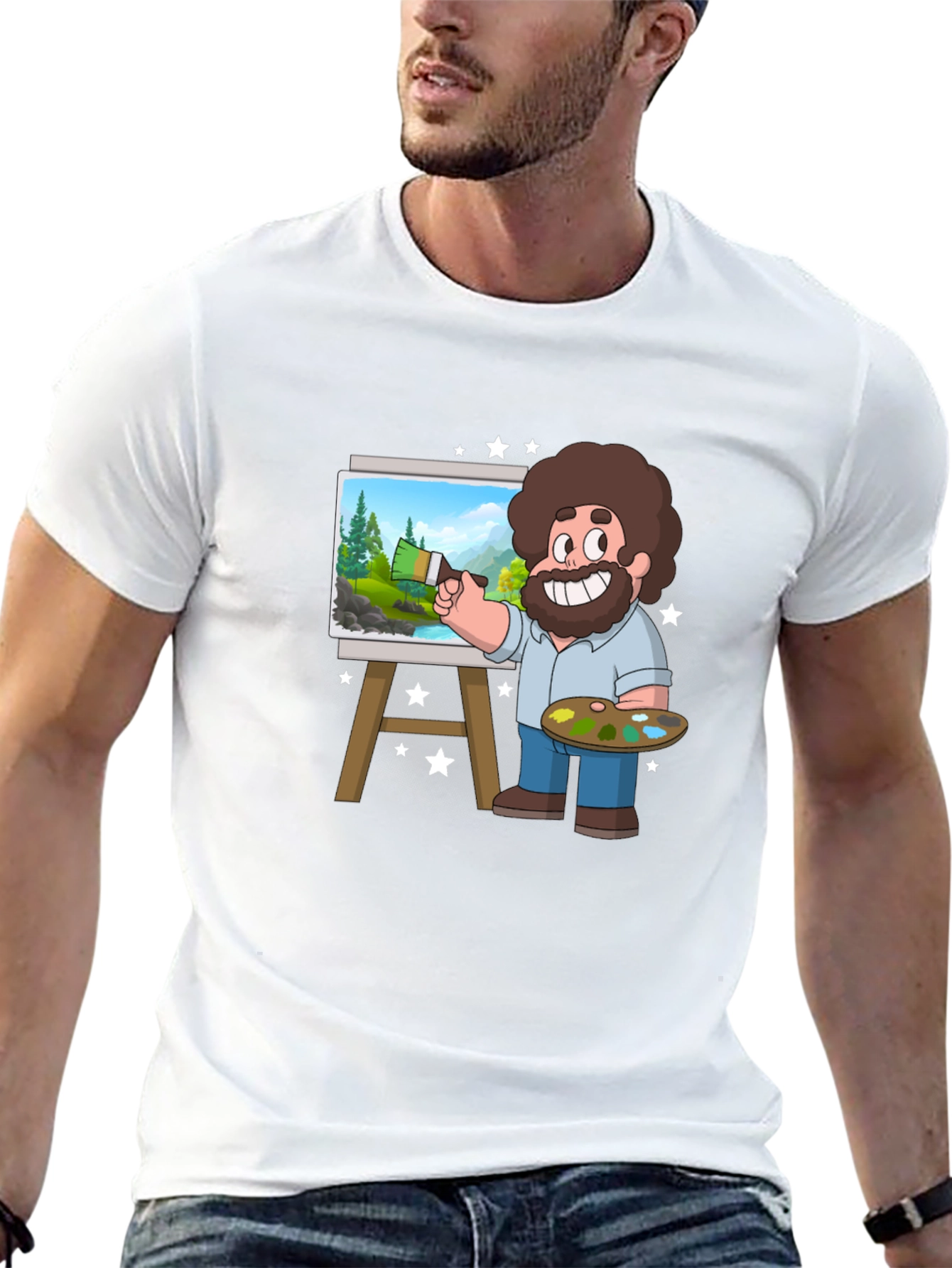 Bob Ross Cartoon Art Black T-Shirt