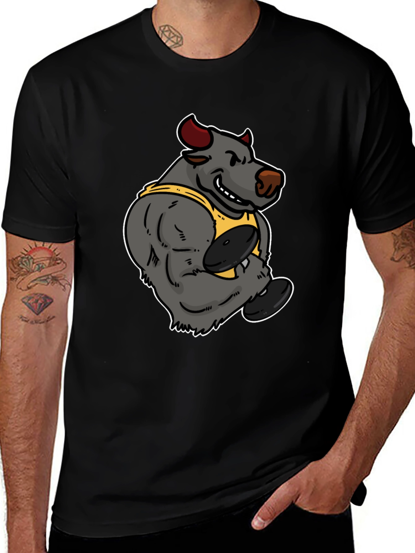 Cartoon Bull Weightlifter Graphic Tee