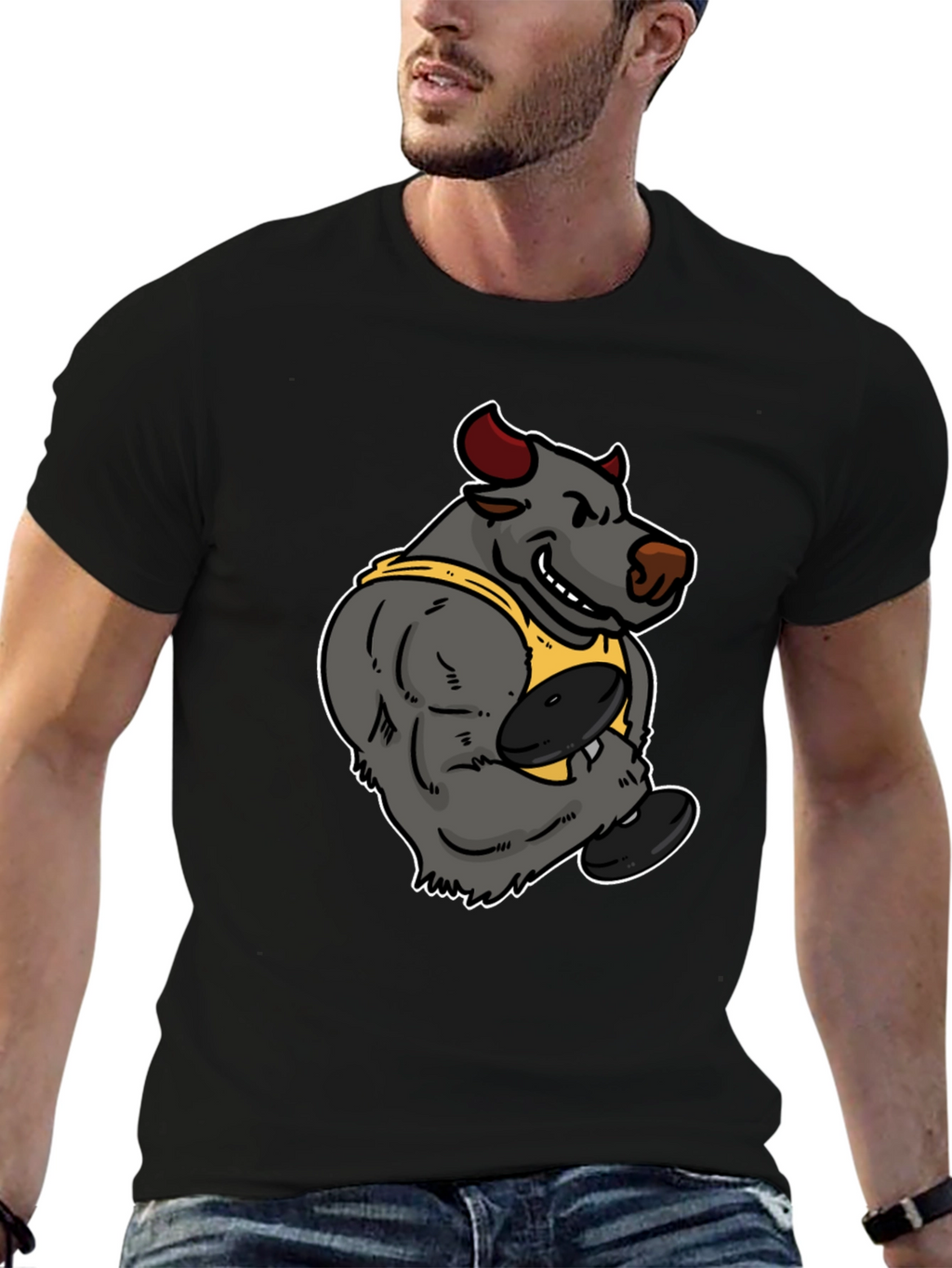 Cartoon Bull Weightlifter Graphic Tee