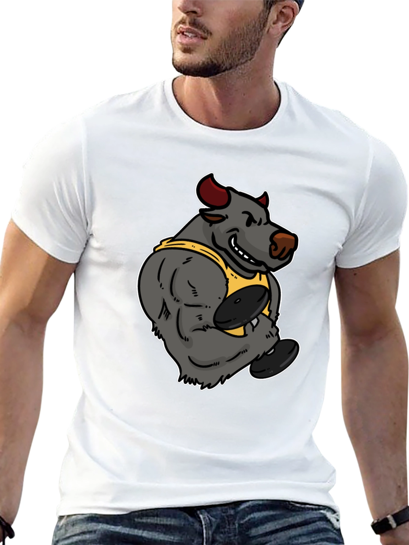 Cartoon Bull Weightlifter Graphic Tee