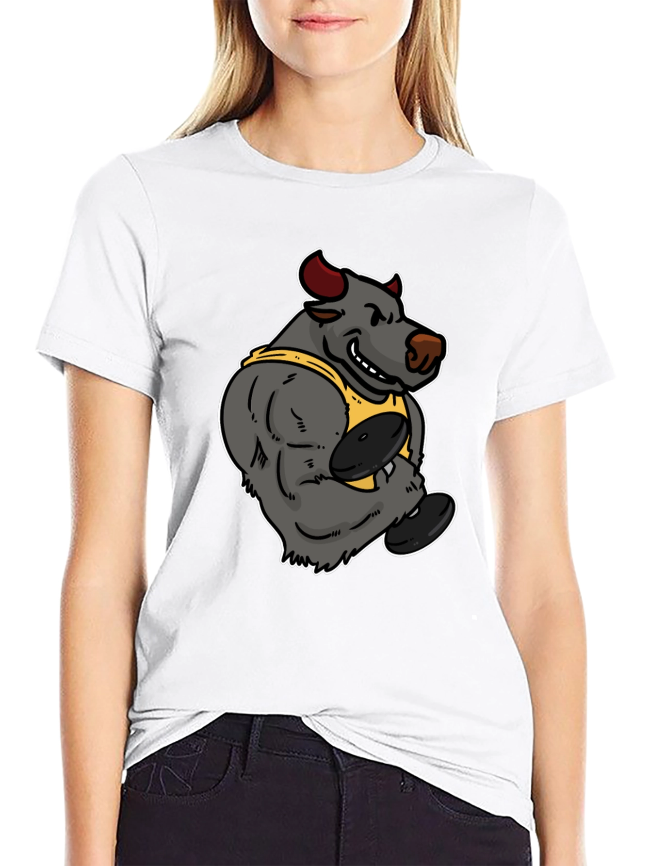 Cartoon Bull Weightlifter Graphic Tee