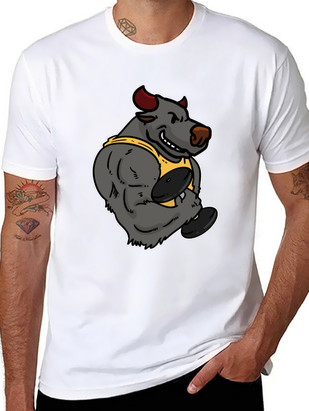 Cartoon Bull Weightlifter Graphic Tee