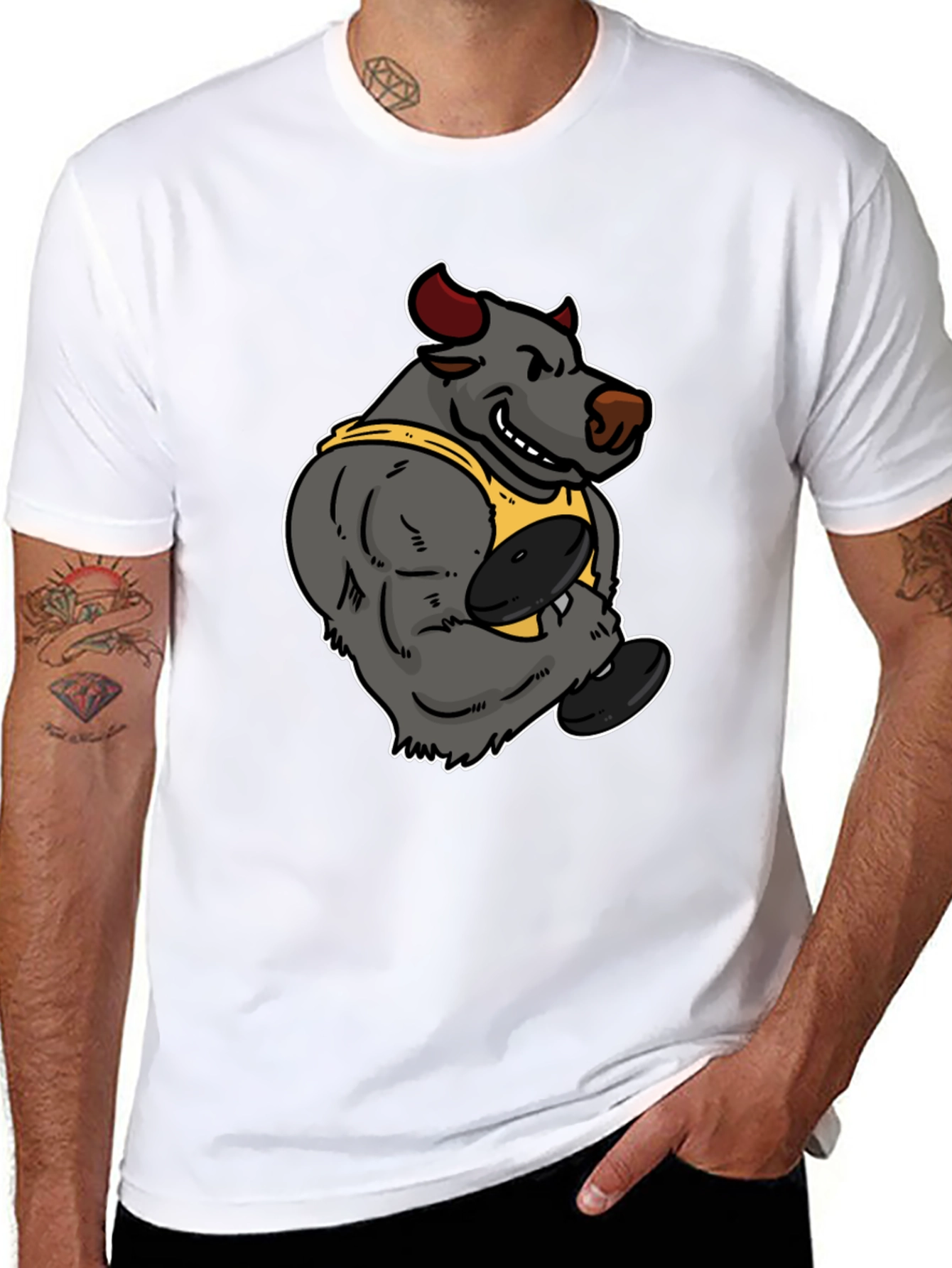Cartoon Bull Weightlifter Graphic Tee