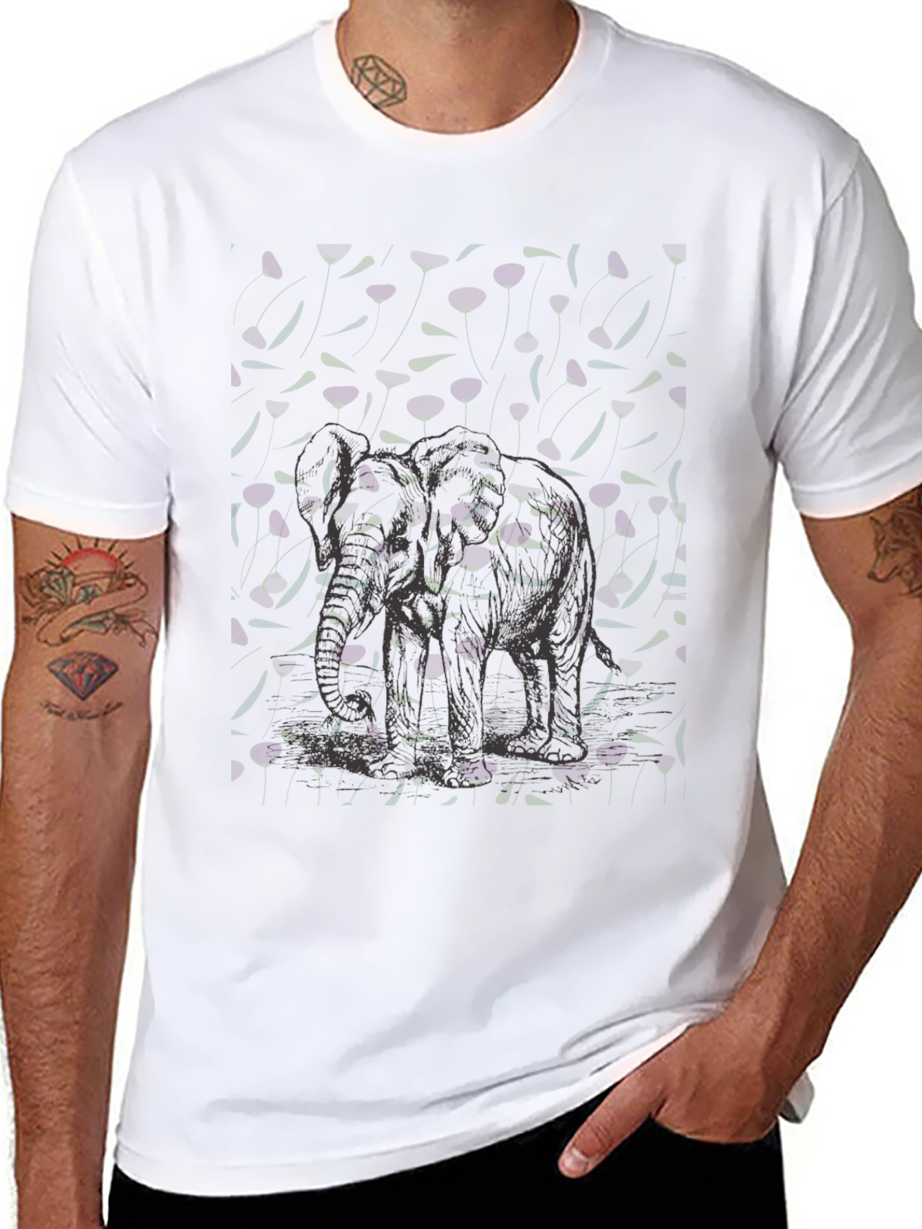 Elephant Floral Graphic Tee - Mens Black T-Shirt