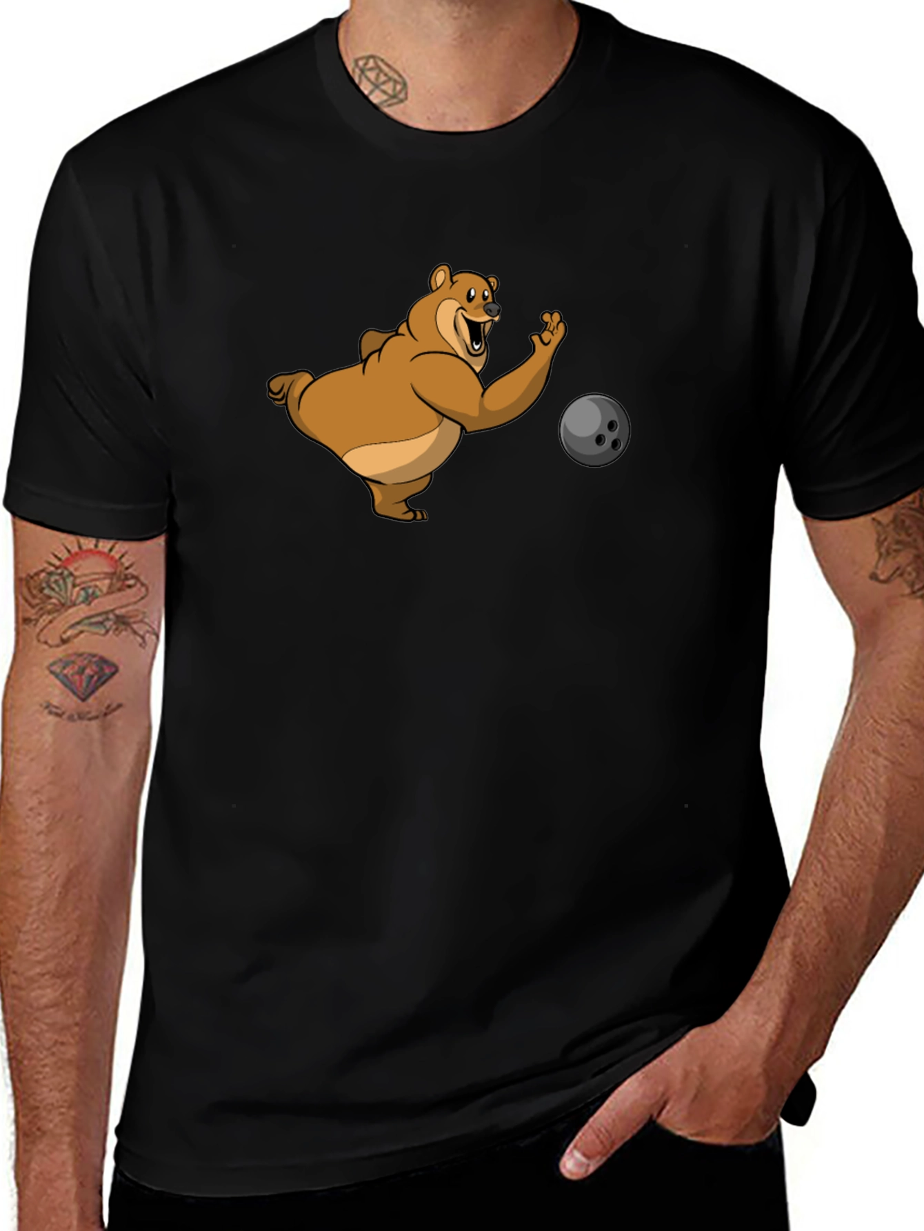 Bowling Bear Graphic Tee - Black Cotton T-Shirt