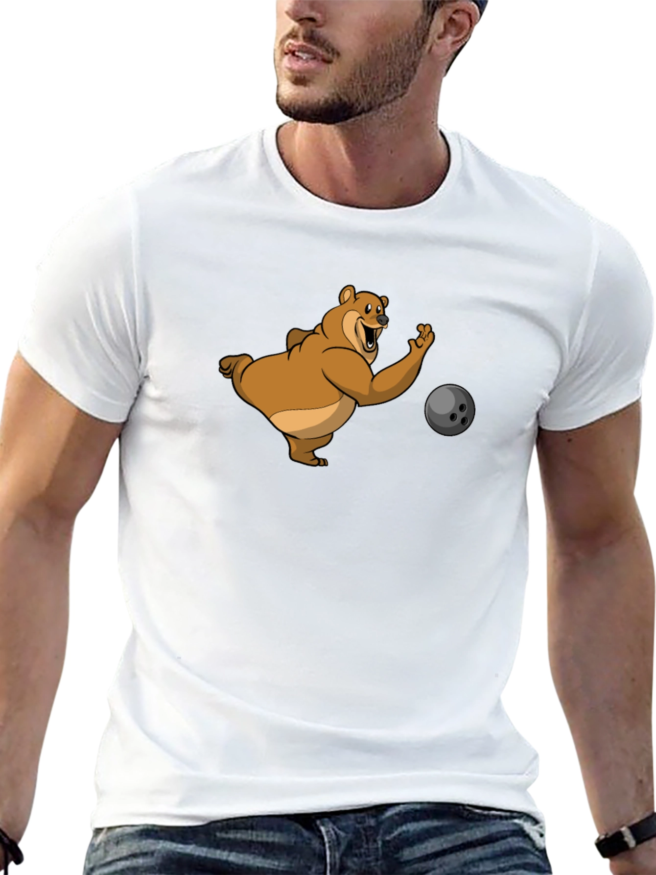 Bowling Bear Graphic Tee - Black Cotton T-Shirt