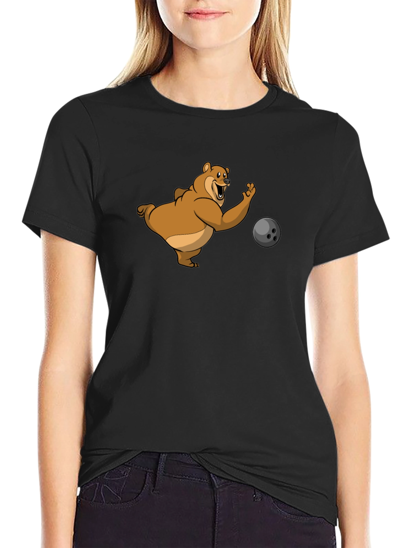 Bowling Bear Graphic Tee - Black Cotton T-Shirt