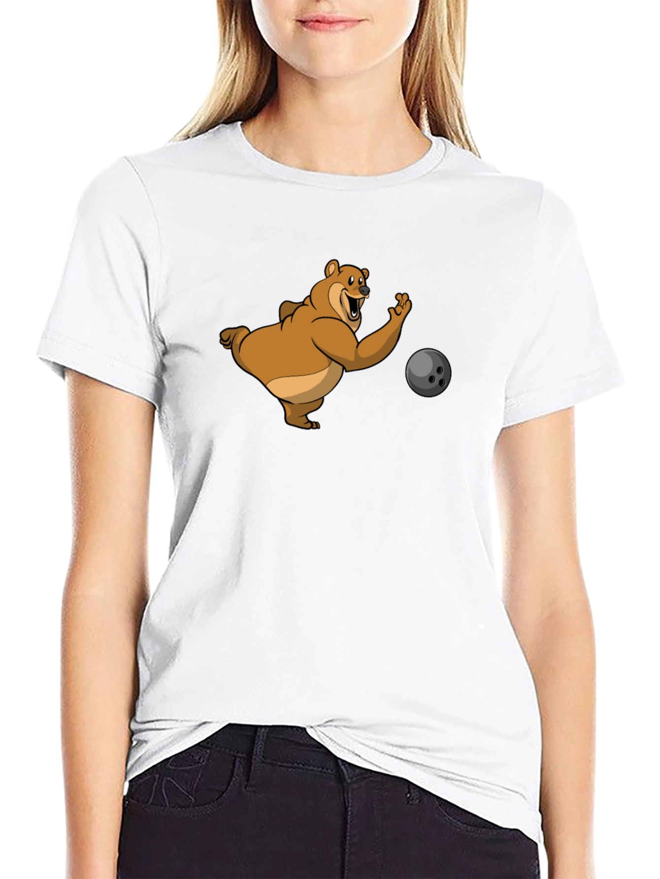 Bowling Bear Graphic Tee - Black Cotton T-Shirt