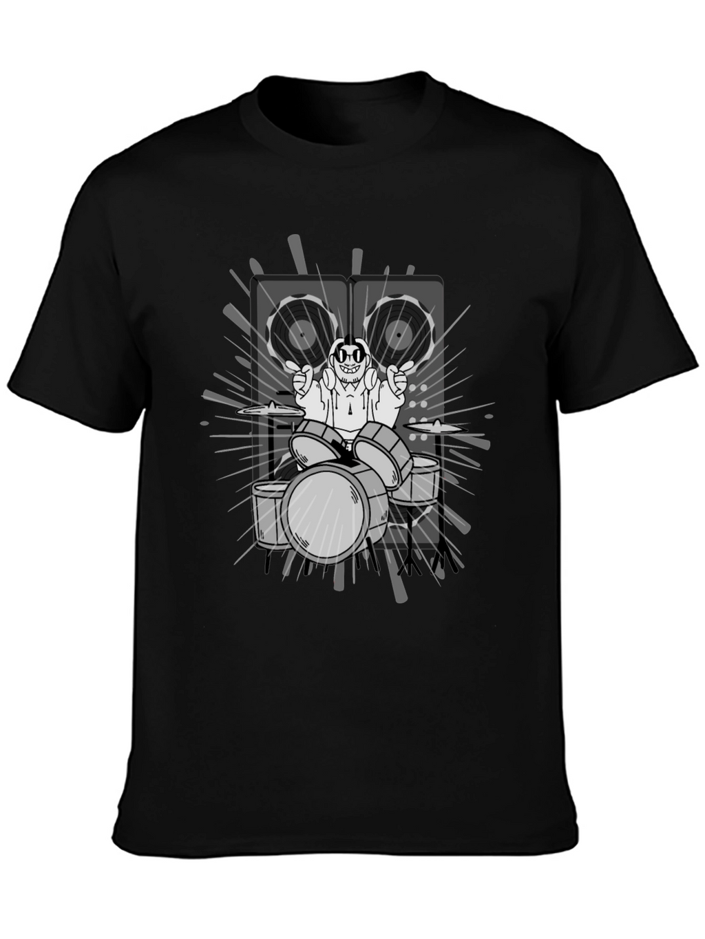 Drummer Cartoon Graphic Print Black T-Shirt
