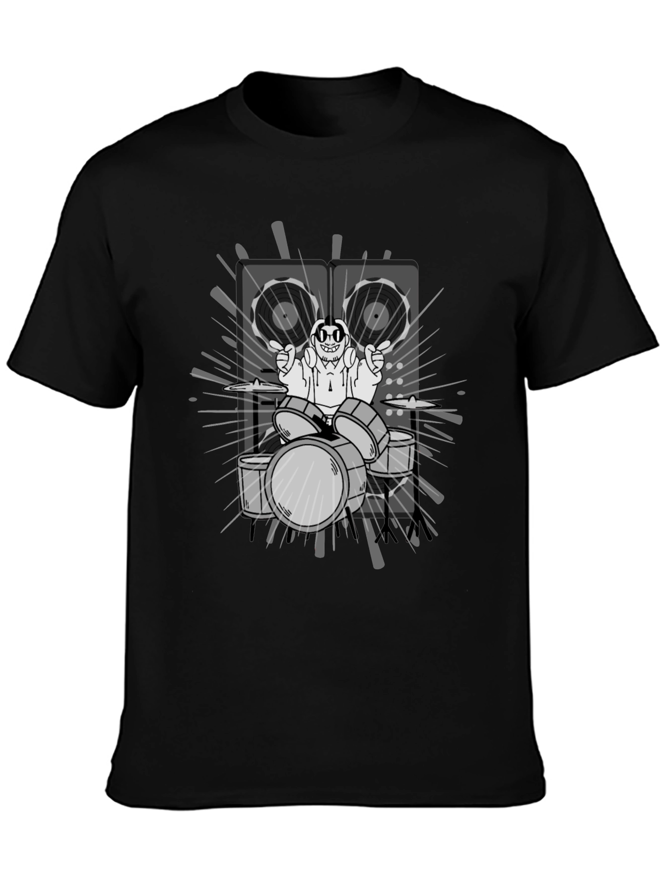 Drummer Cartoon Graphic Print Black T-Shirt