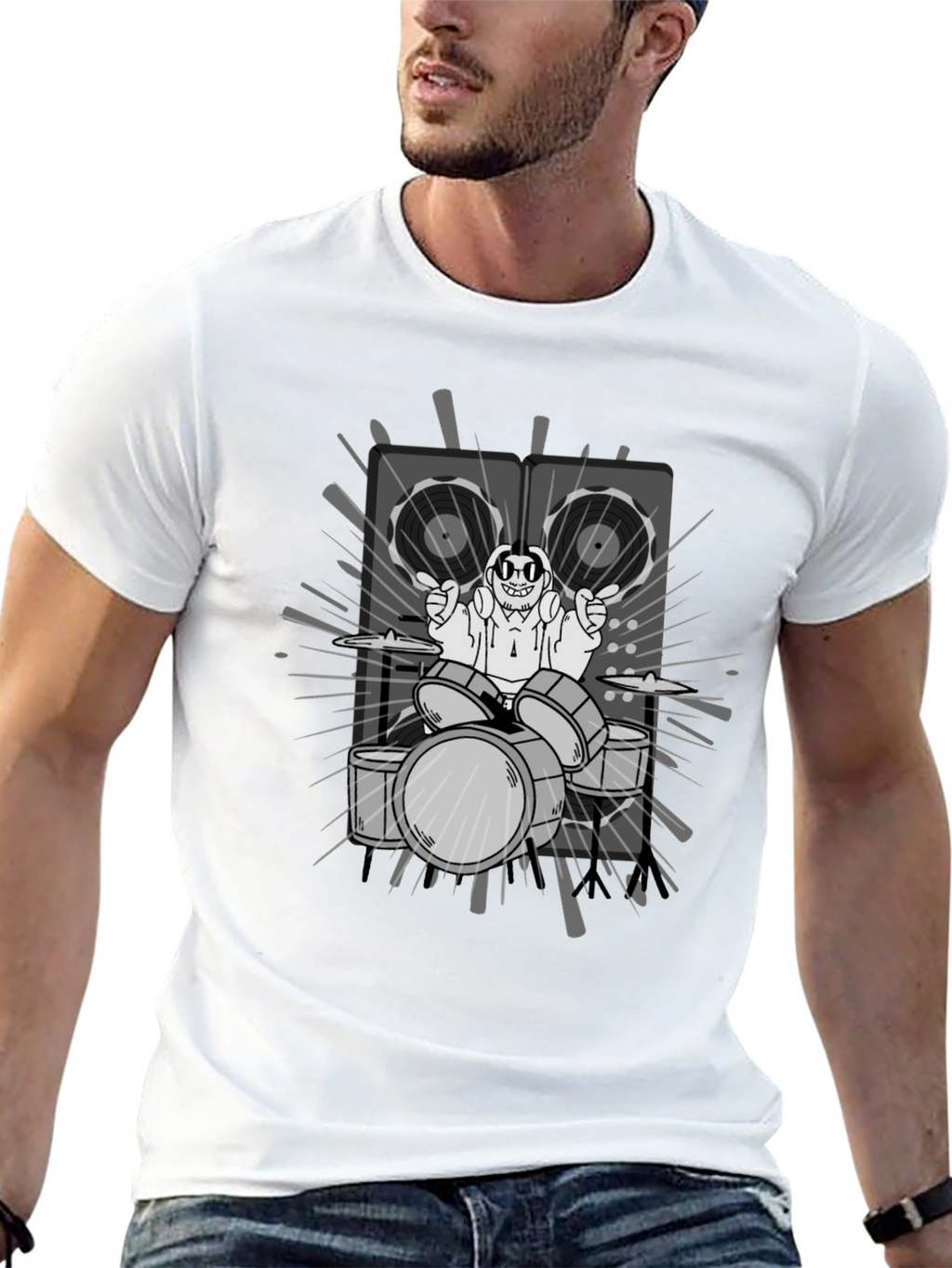 Drummer Cartoon Graphic Print Black T-Shirt