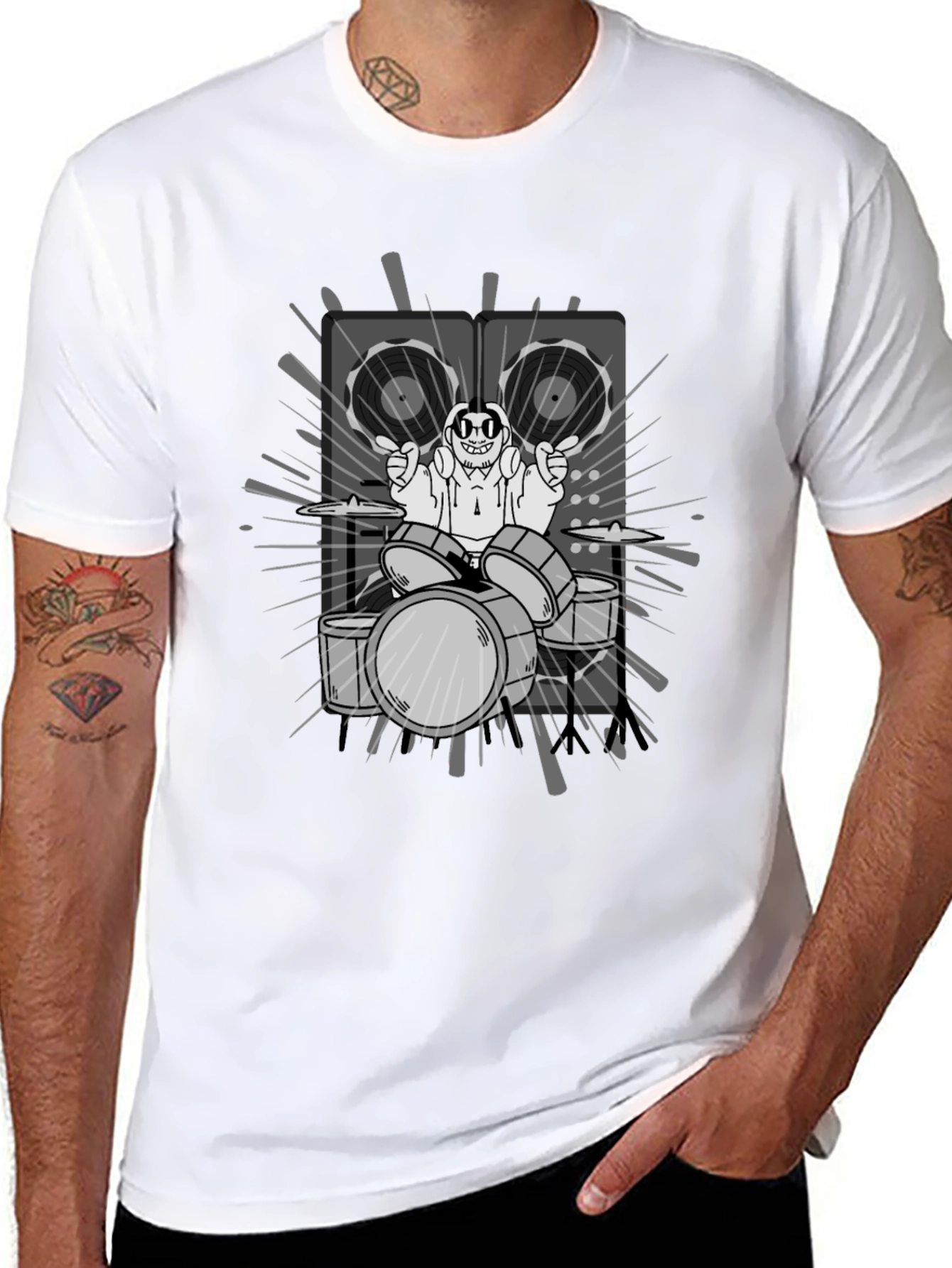 Drummer Cartoon Graphic Print Black T-Shirt