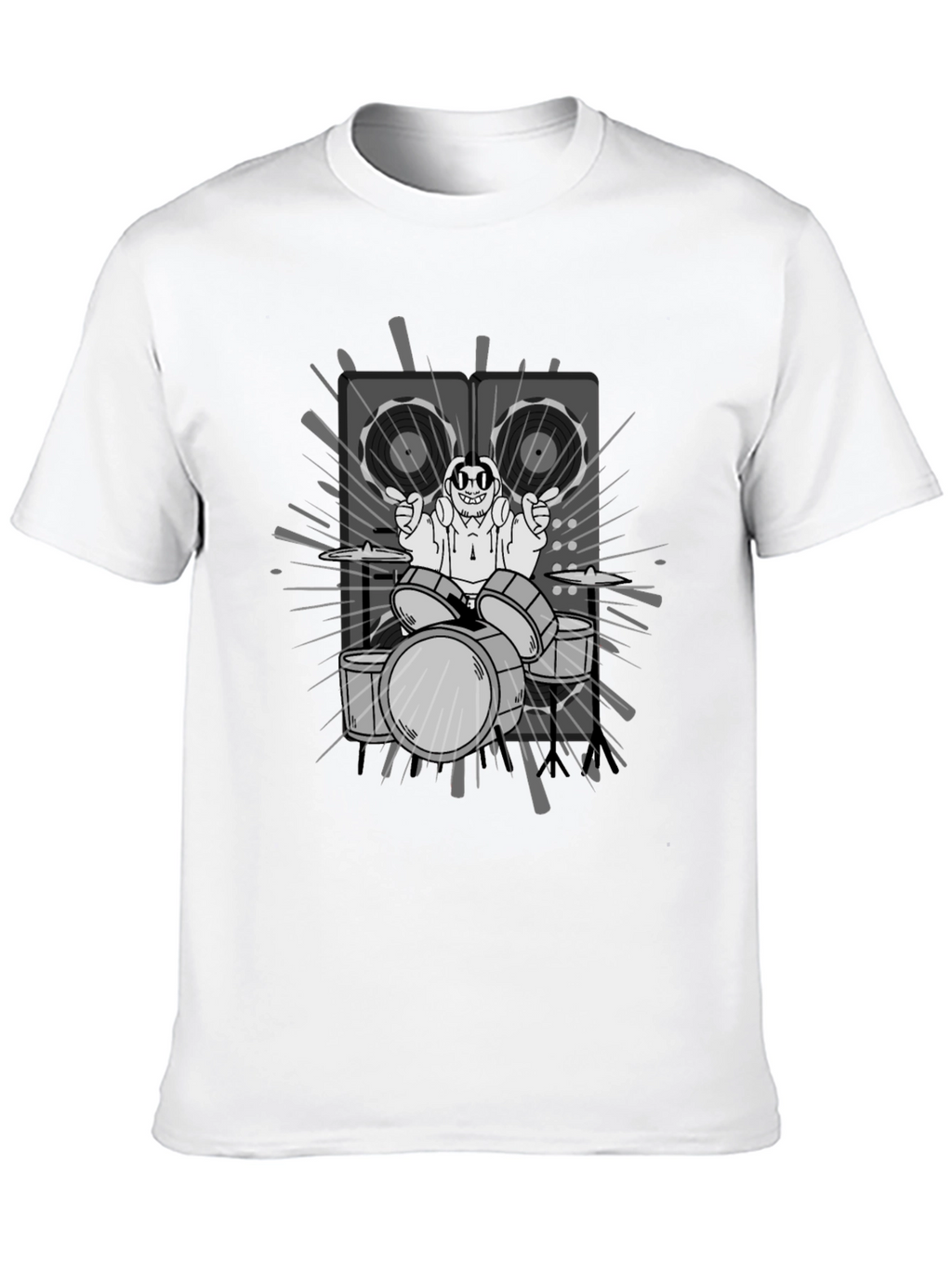 Drummer Cartoon Graphic Print Black T-Shirt