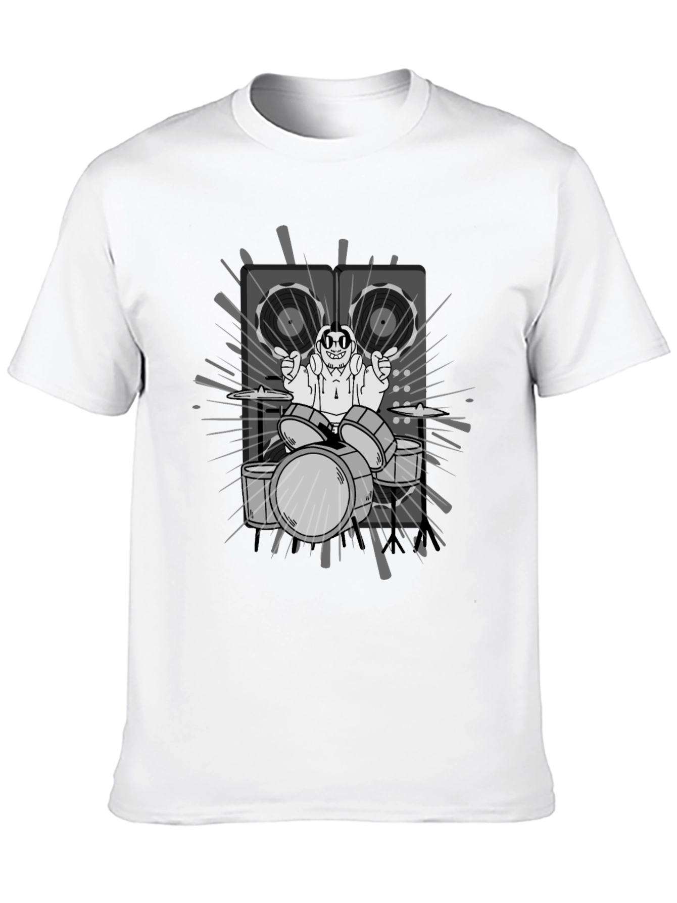 Drummer Cartoon Graphic Print Black T-Shirt