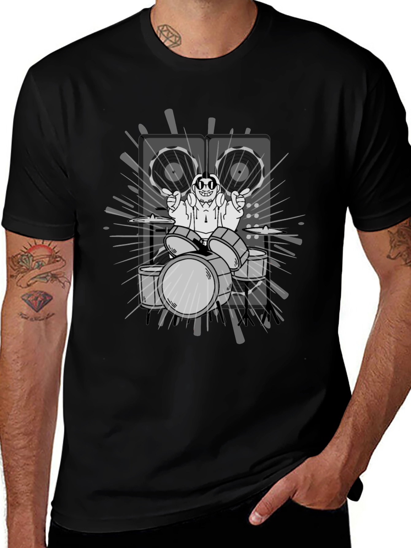 Drummer Cartoon Graphic Print Black T-Shirt