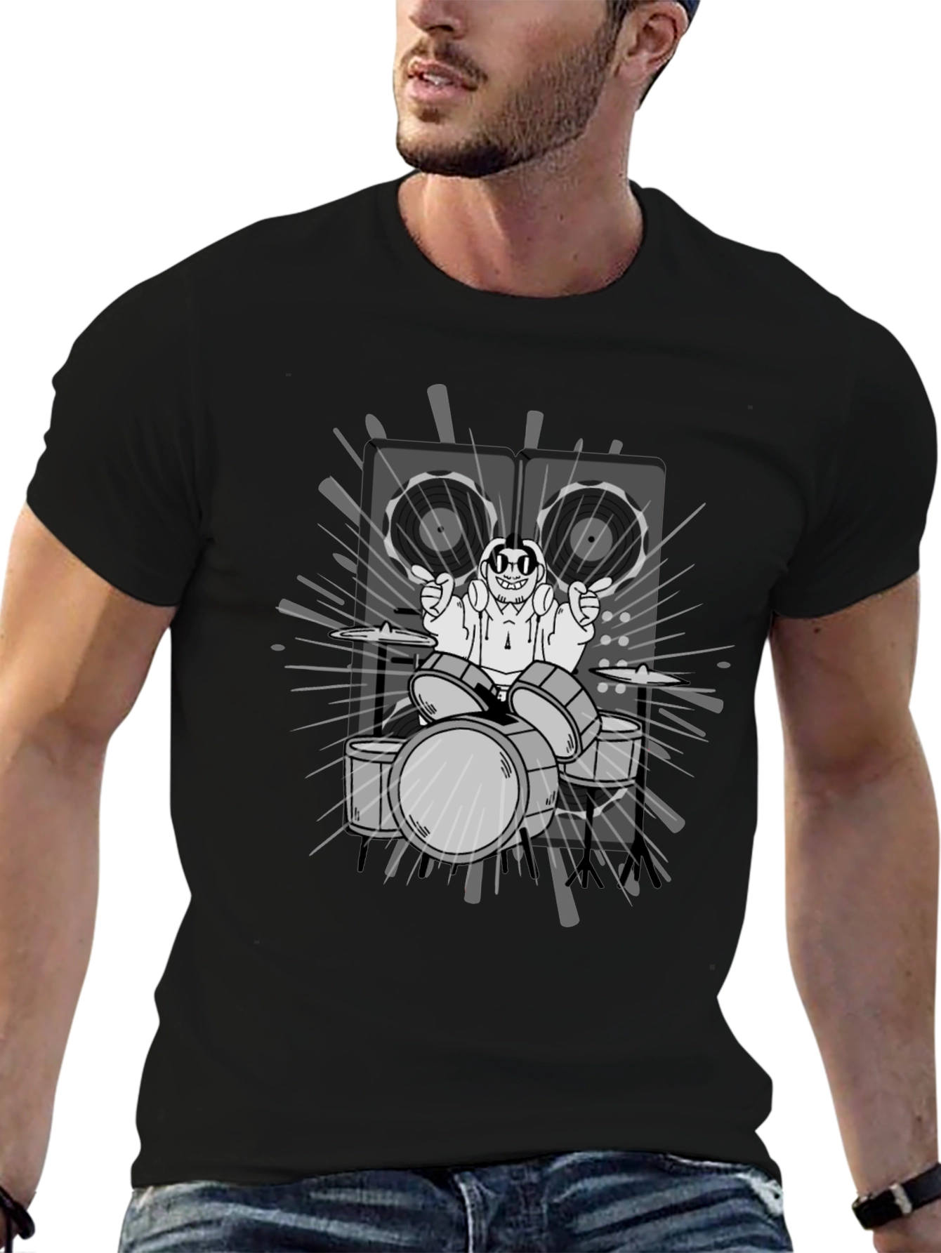 Drummer Cartoon Graphic Print Black T-Shirt