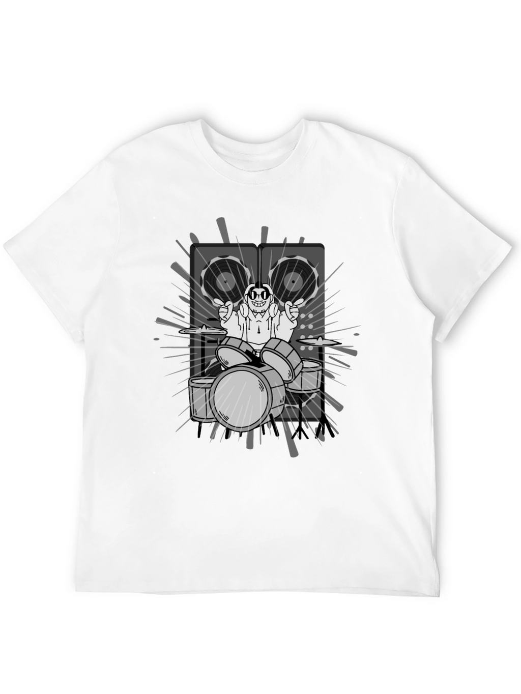 Drummer Cartoon Graphic Print Black T-Shirt