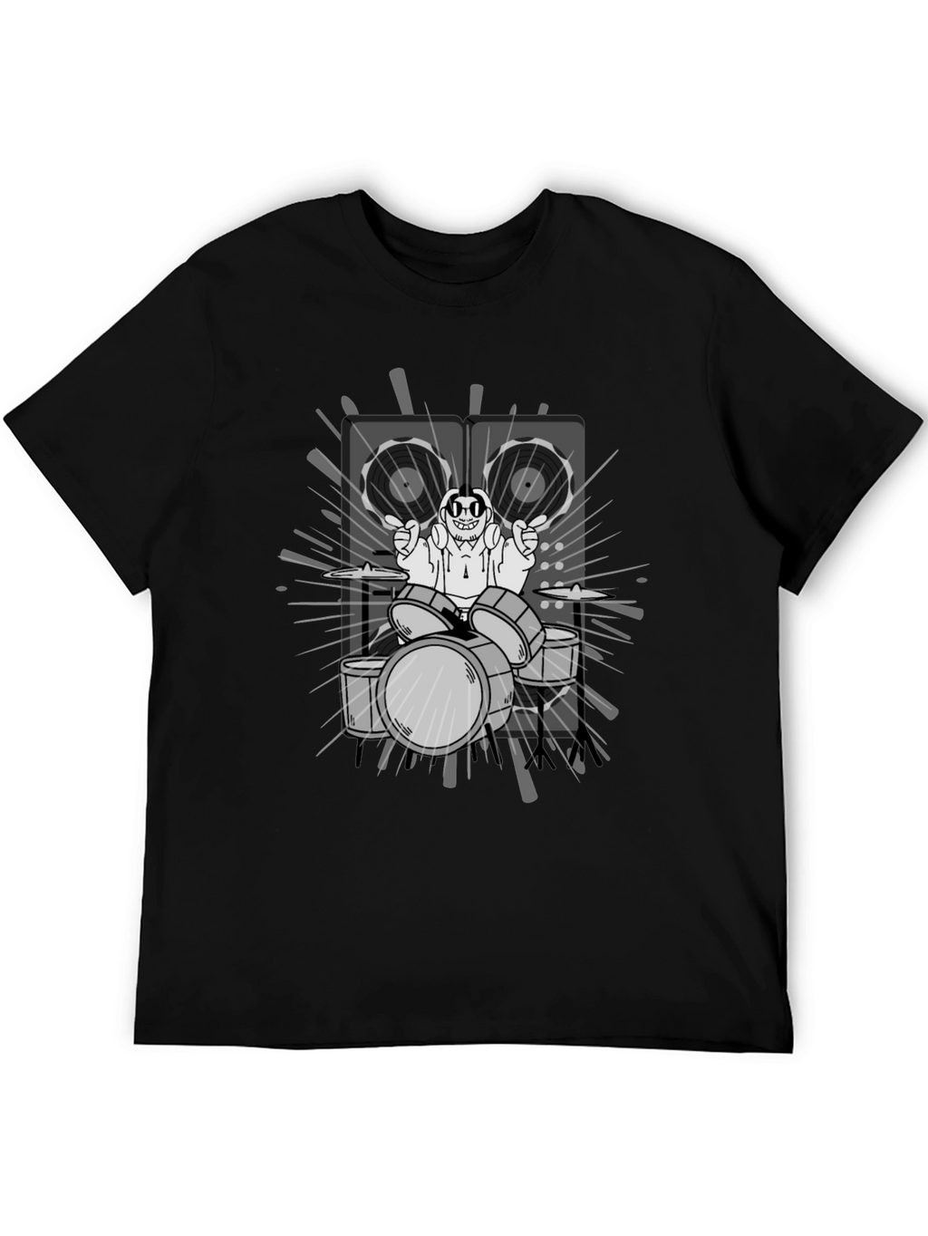 Drummer Cartoon Graphic Print Black T-Shirt