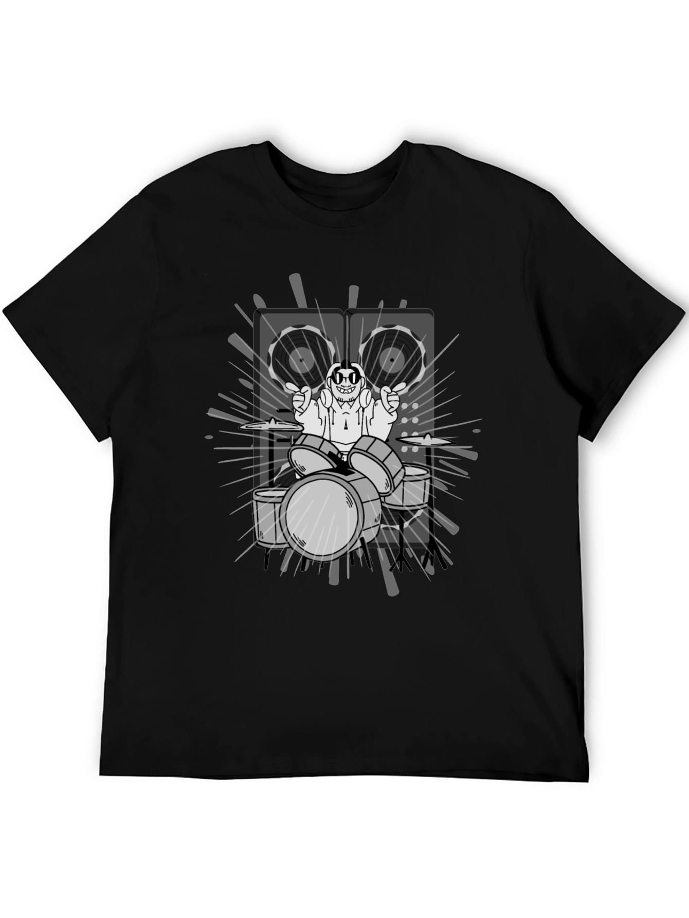 Drummer Cartoon Graphic Print Black T-Shirt