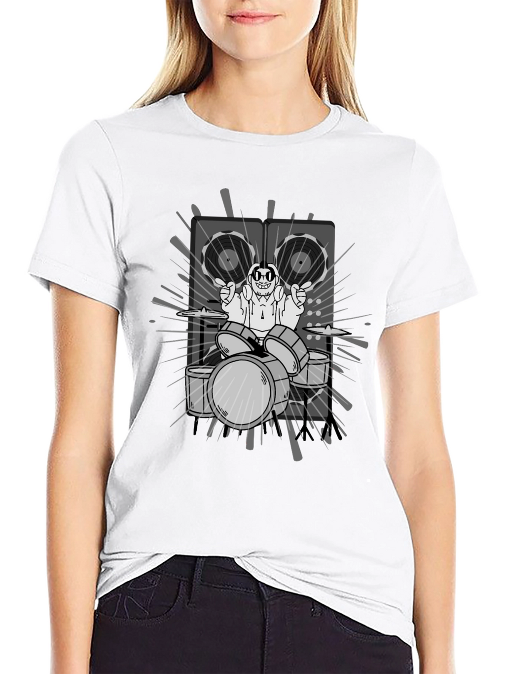 Drummer Cartoon Graphic Print Black T-Shirt