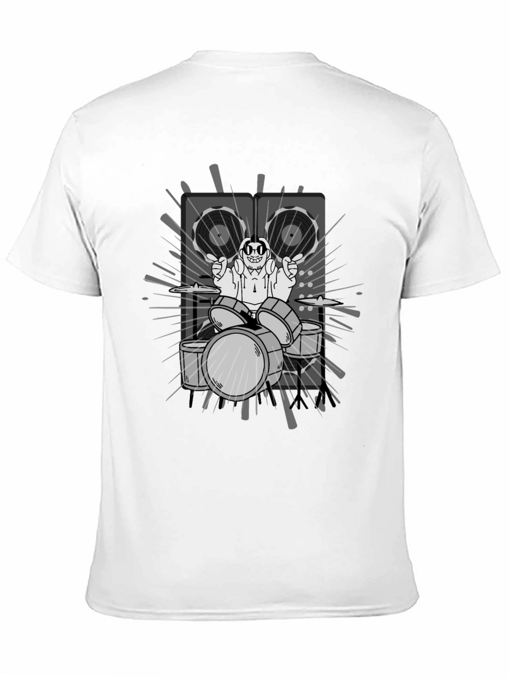 Drummer Cartoon Graphic Print Black T-Shirt