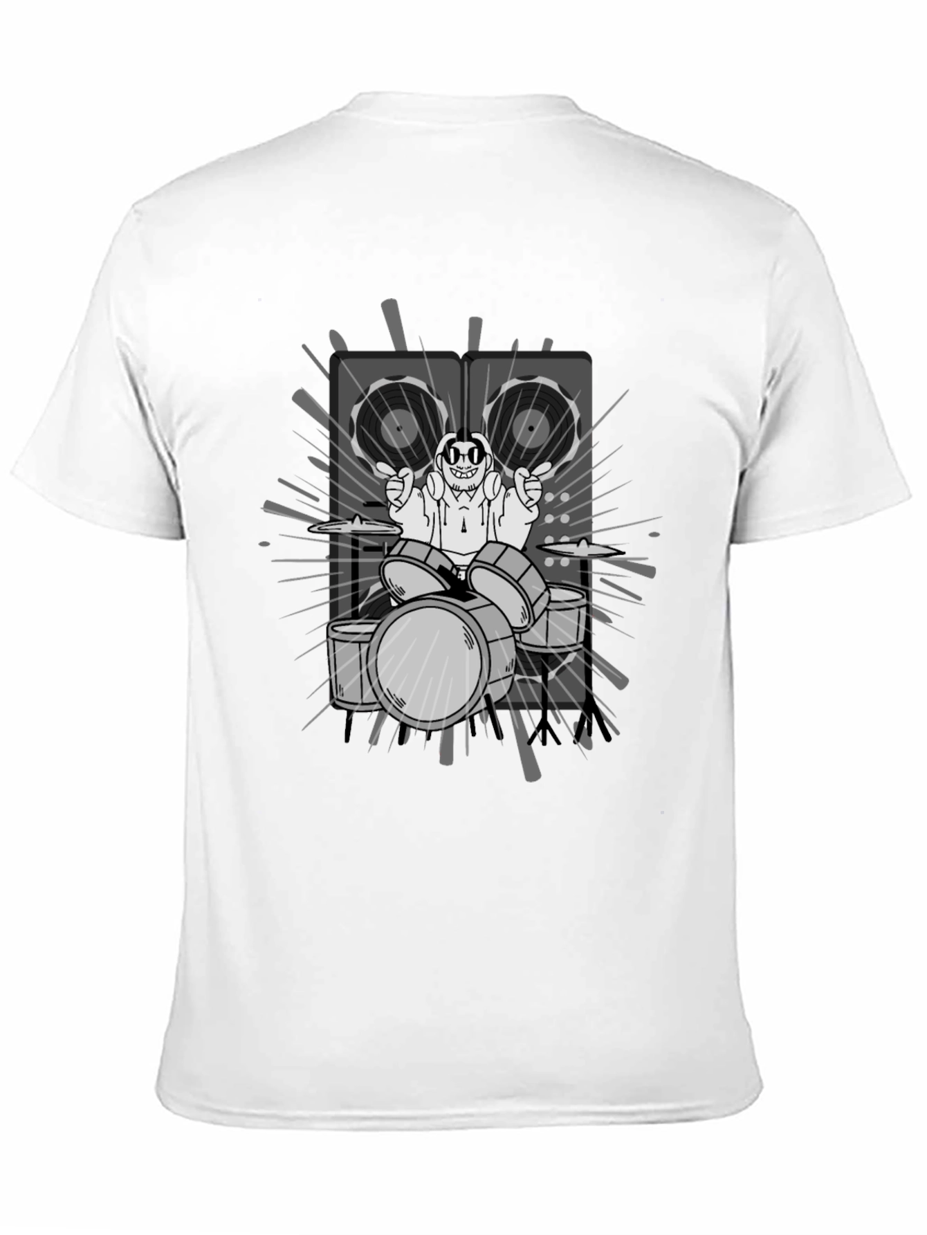 Drummer Cartoon Graphic Print Black T-Shirt